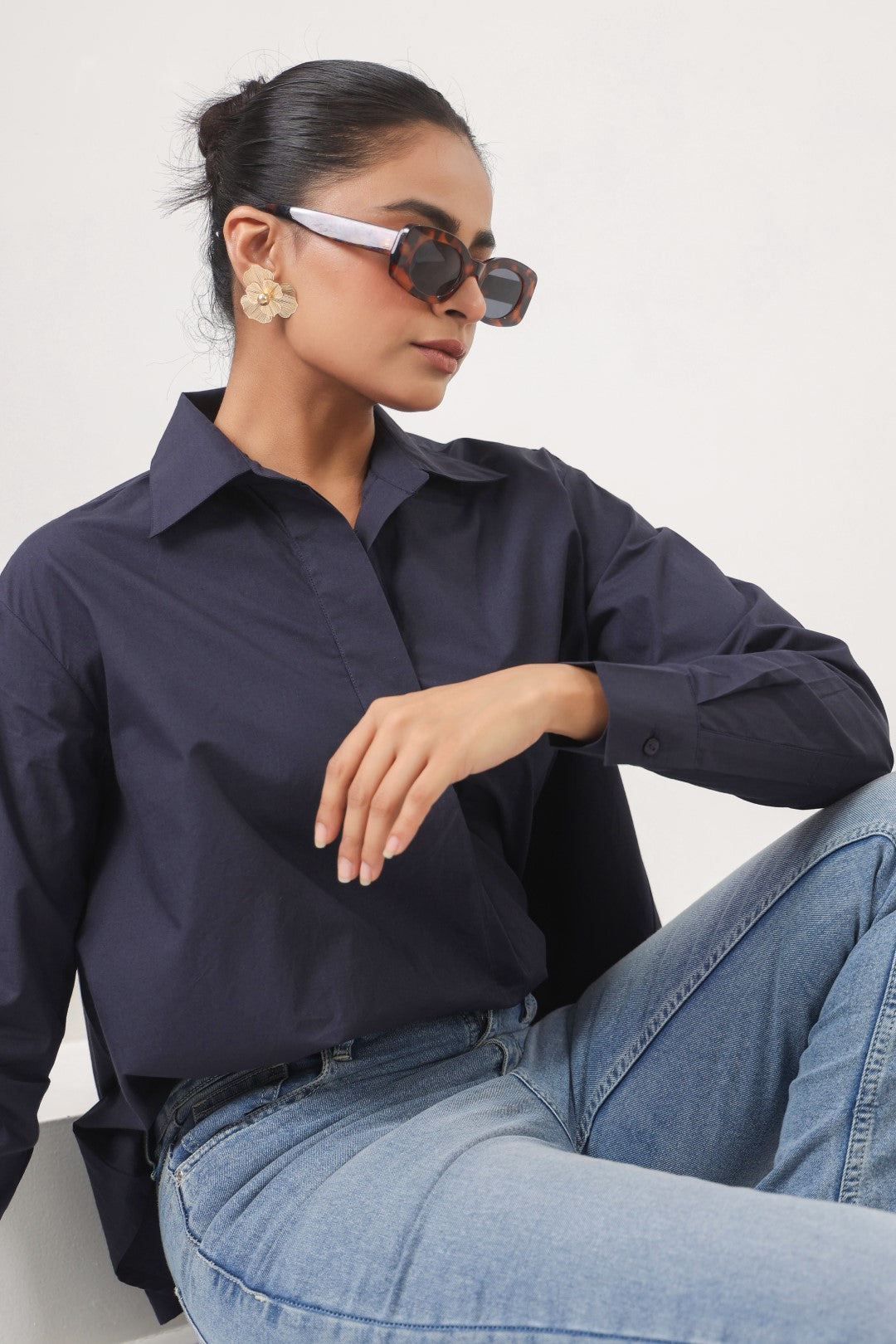 Women’s Navy Cotton Poplin Top