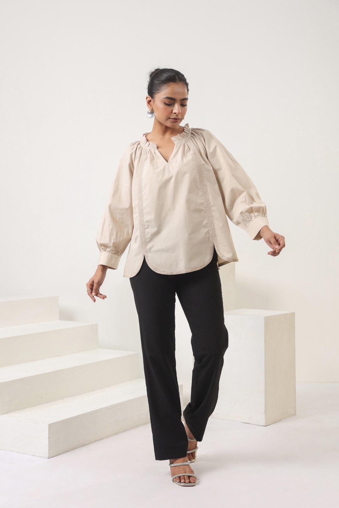 Women Cotton Beige Top With laces