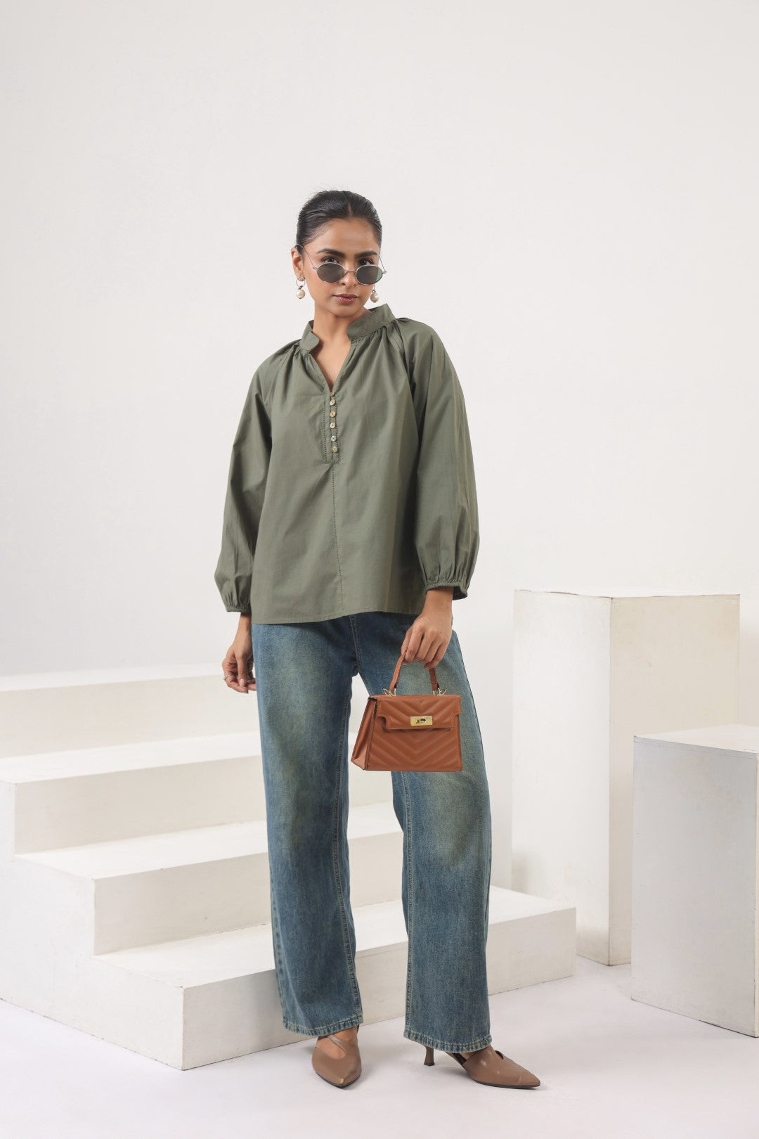 Women’s Olive Green Cotton Poplin Top
