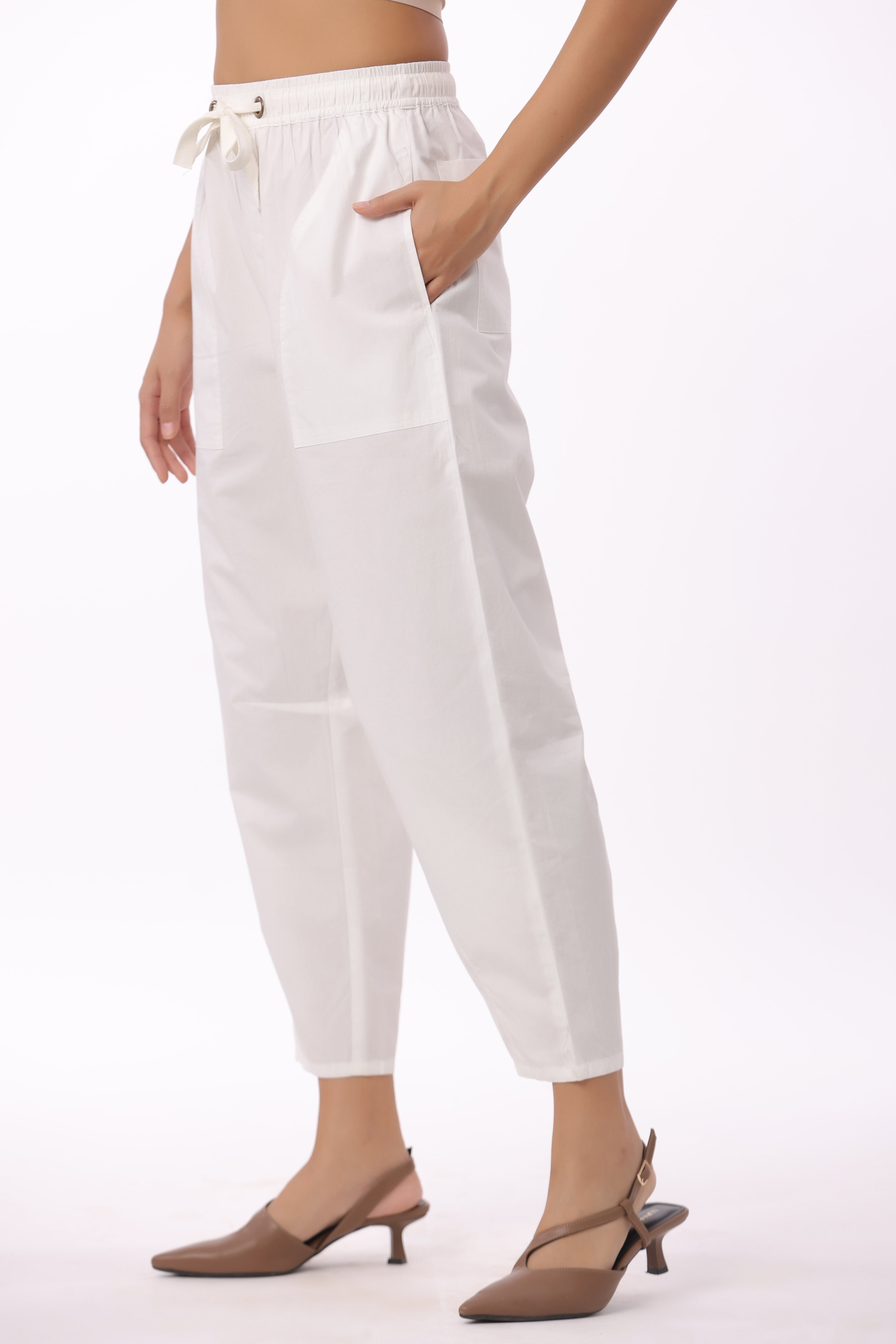 Women’s White Solid Cotton Trouser