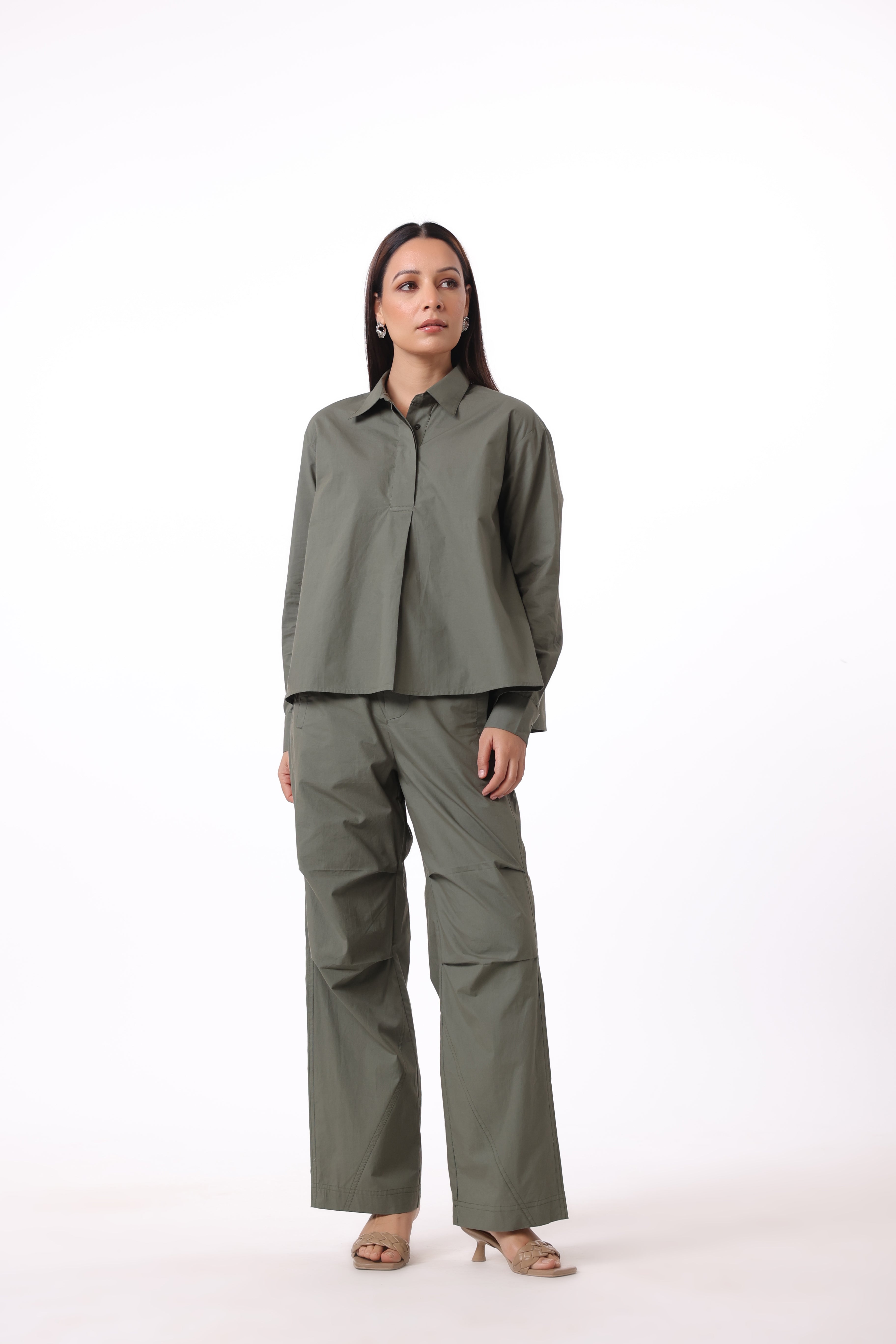 Women’s Green Cotton Shirt with Green Cotton Pant Co-Ord Set