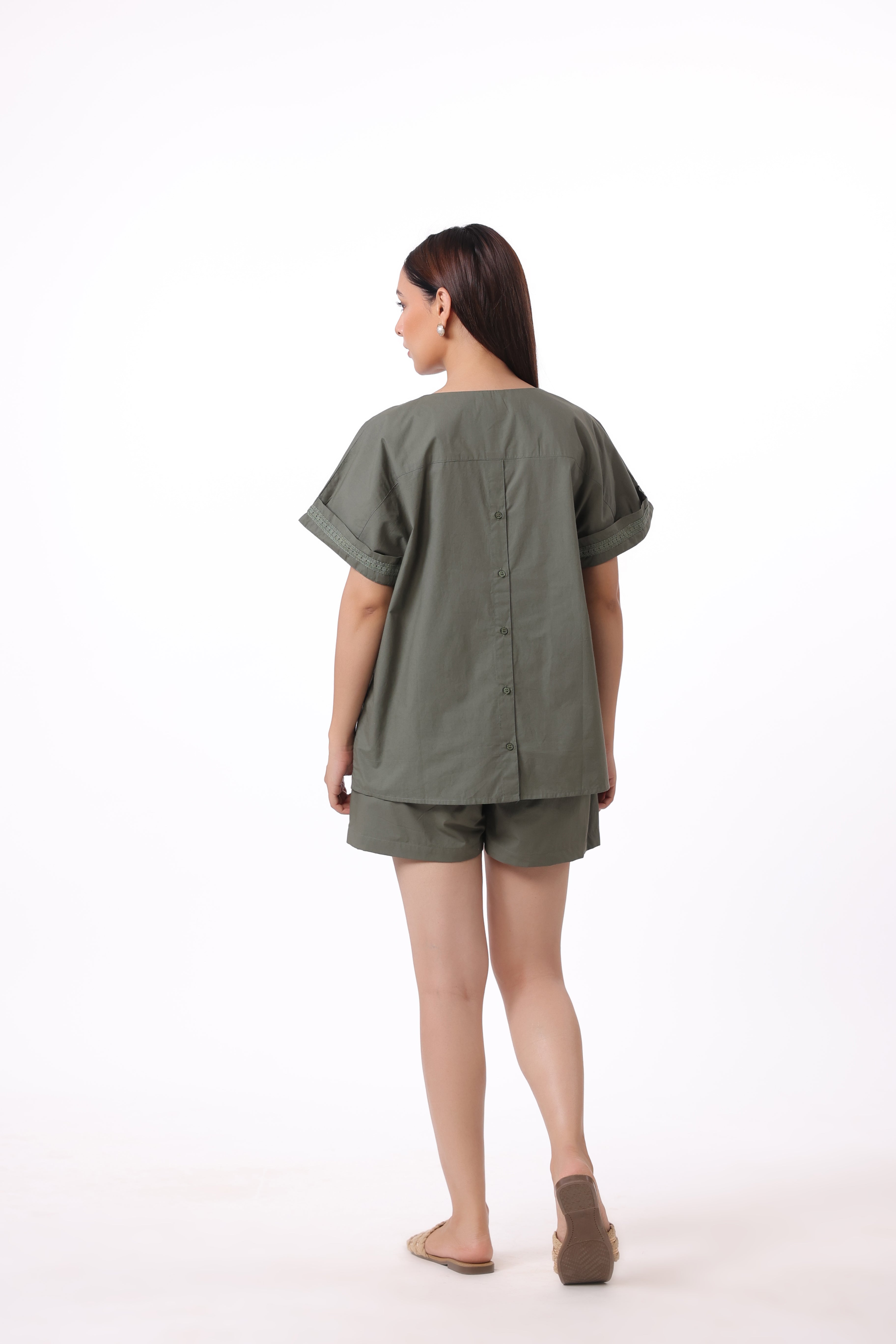 Women’s Green Cotton Top with Green Cotton Shorts Co-Ord Set