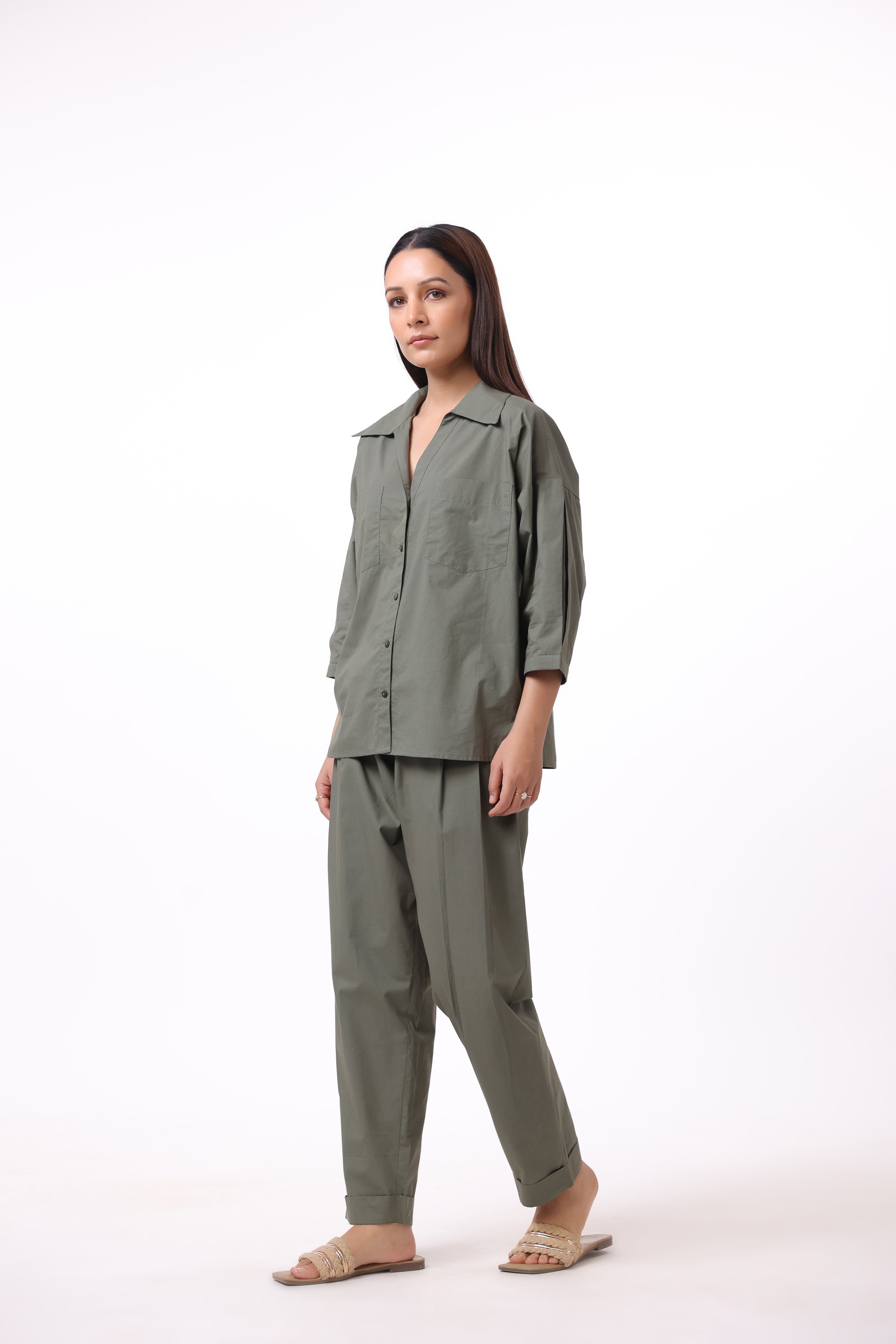 Women’s Green Cotton Shirt with Cotton Pant Co-Ord Set
