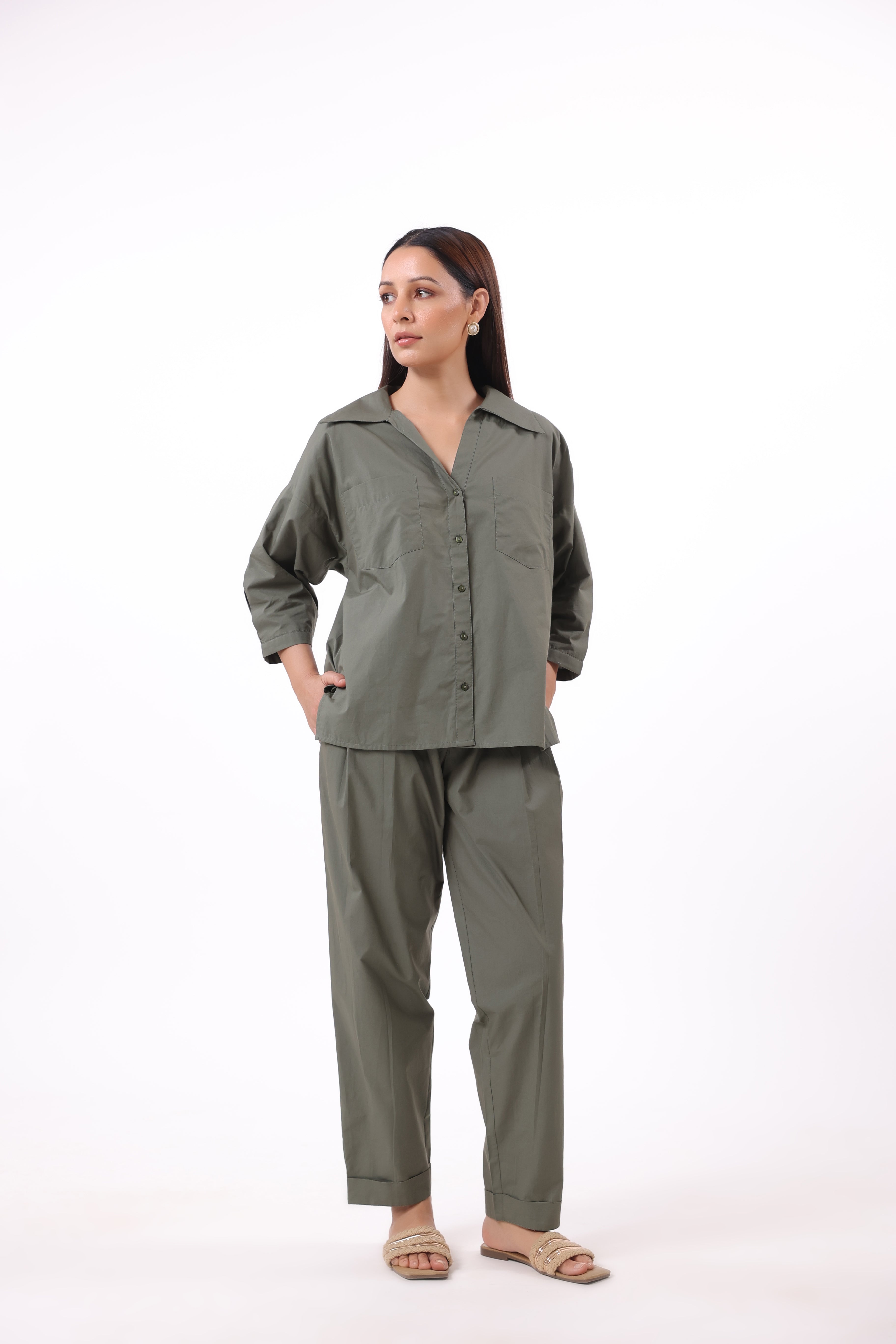 Women’s Green Cotton Shirt with Cotton Pant Co-Ord Set