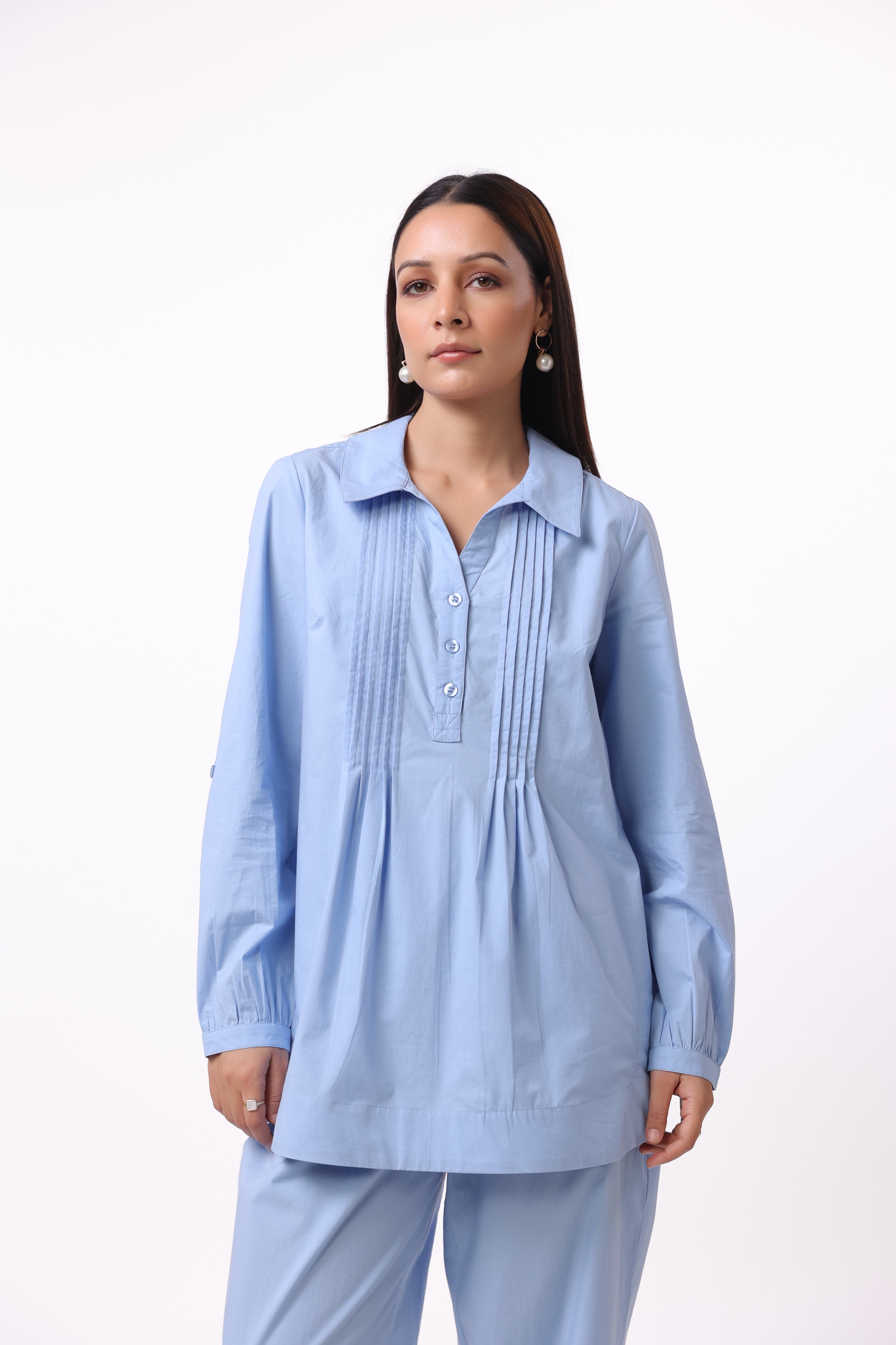 Women’s Blue Cotton Shirt with Blue Cotton Pant Co-Ord Set