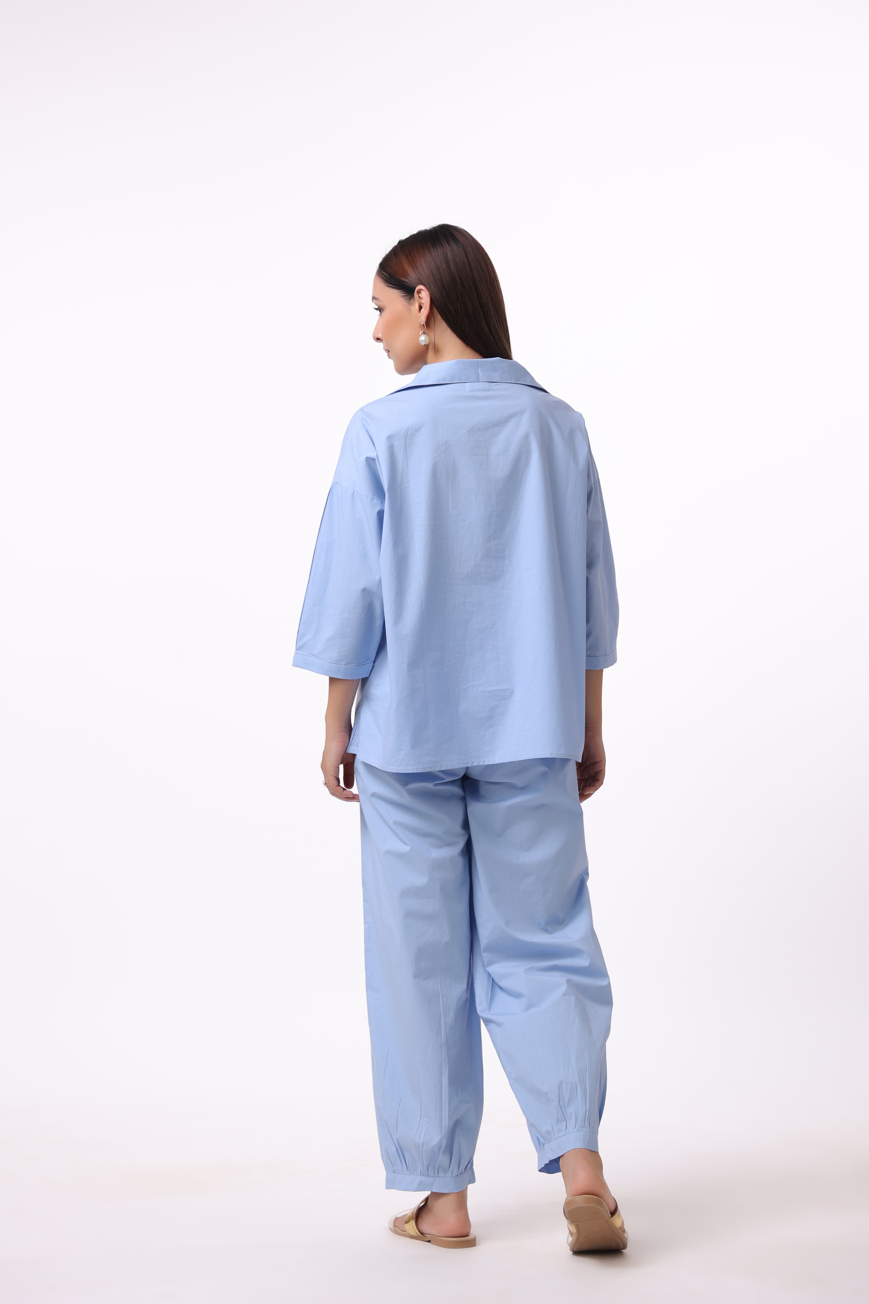 Women’s Blue Cotton Shirt with Cotton Pant Co-Ord Set