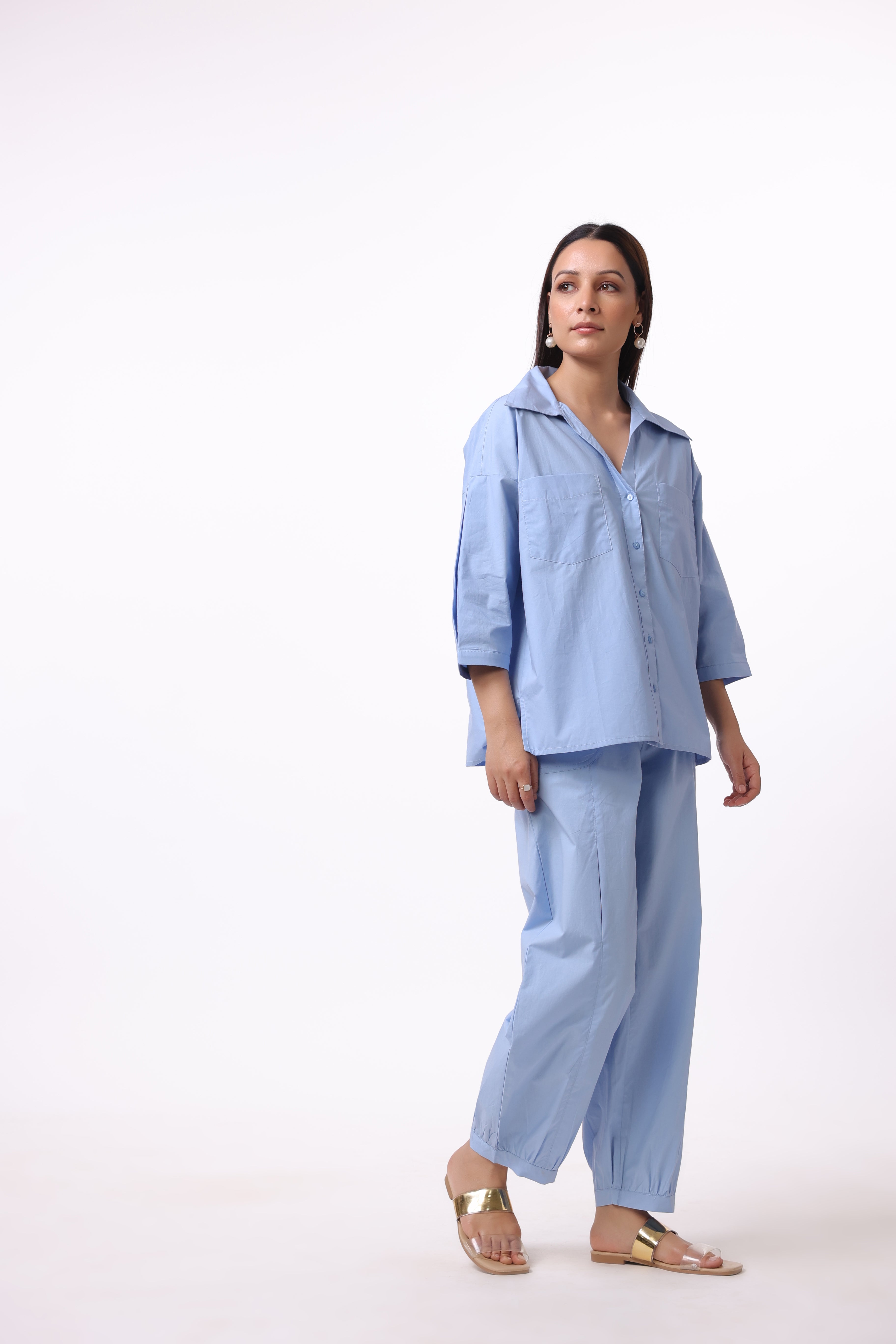 Women’s Blue Cotton Shirt with Cotton Pant Co-Ord Set