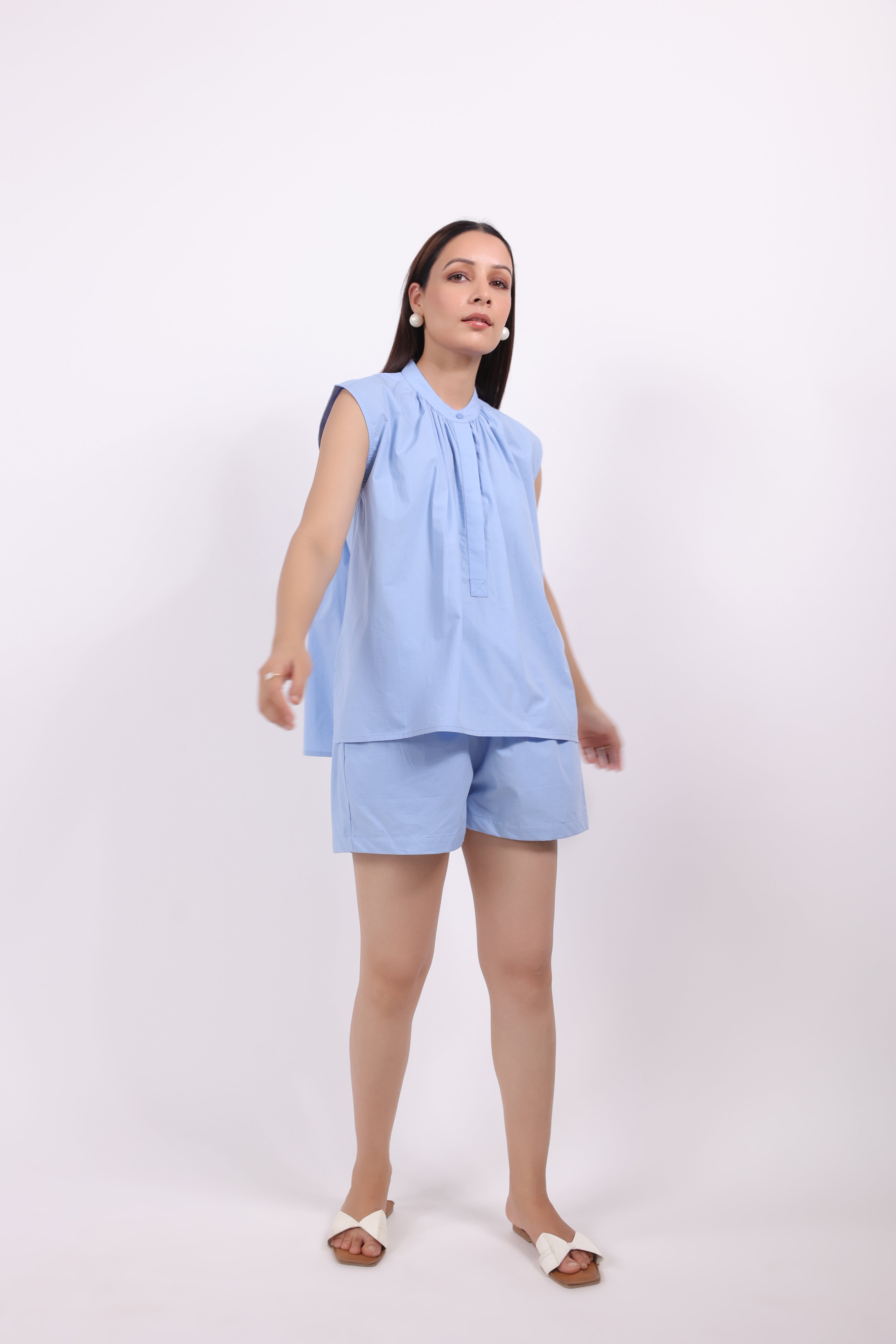 Women’s Blue Cotton Top with Blue Cotton Shorts Co-Ord Set