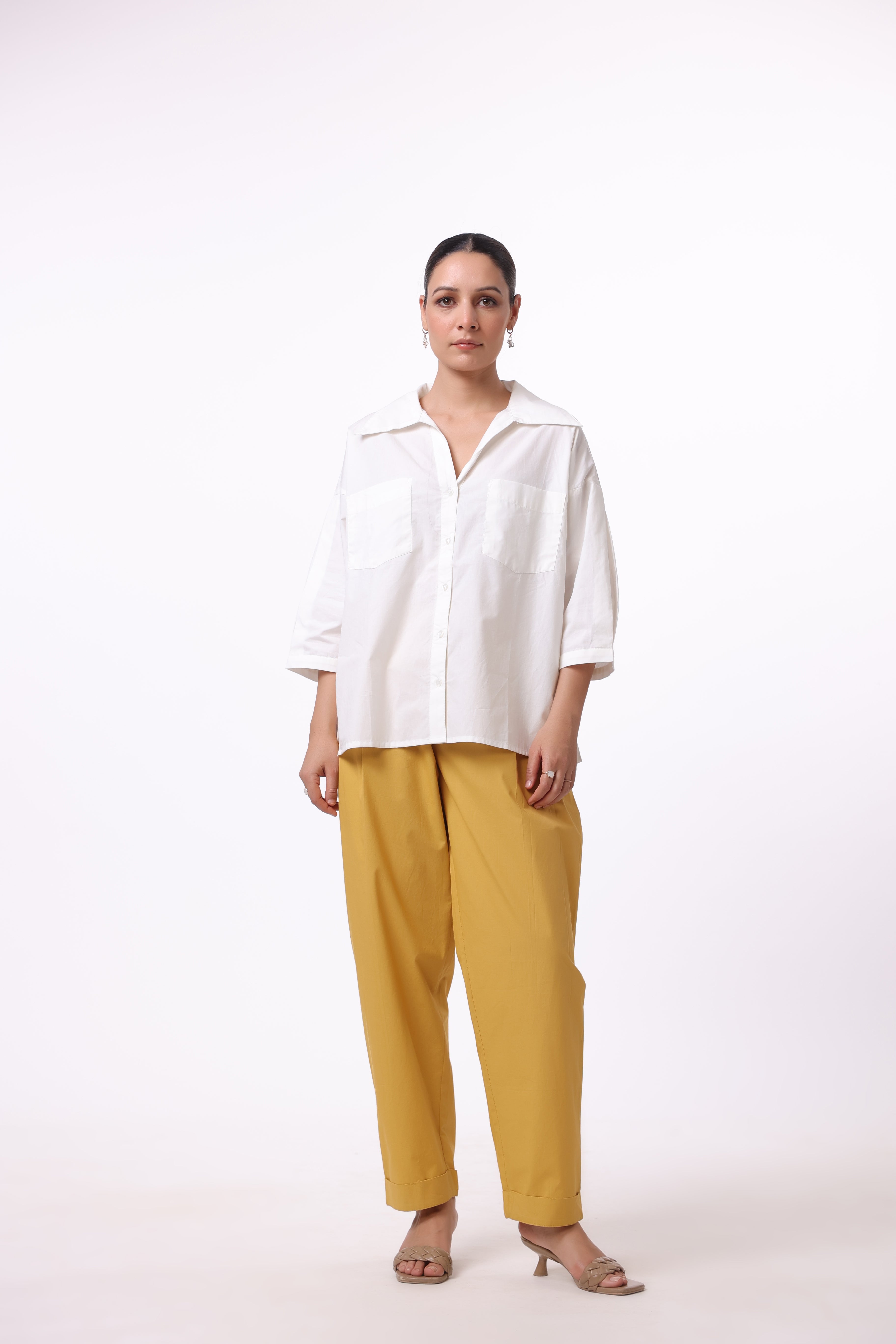 Women’s White Cotton Shirt with Yellow Cotton Pant Co-Ord Set