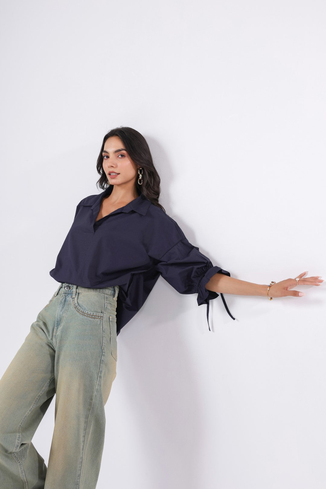 Women’s Navy Cotton Poplin Top