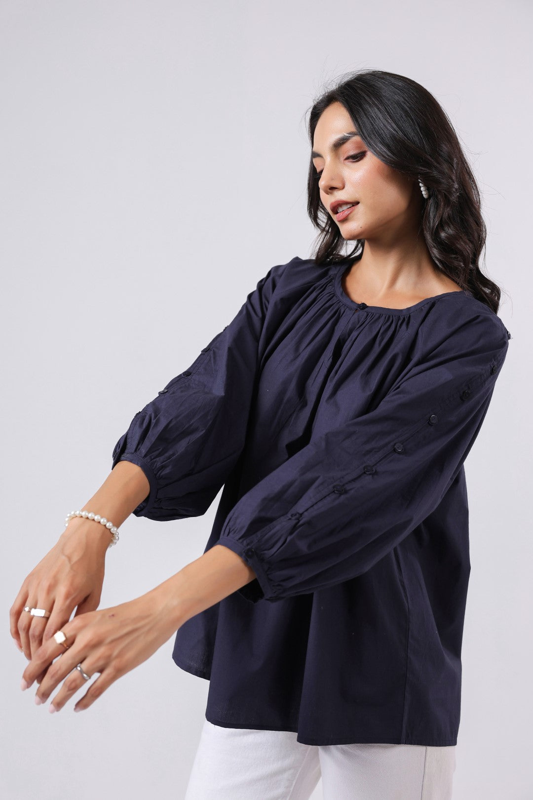 Women’s Navy Cotton Poplin Top