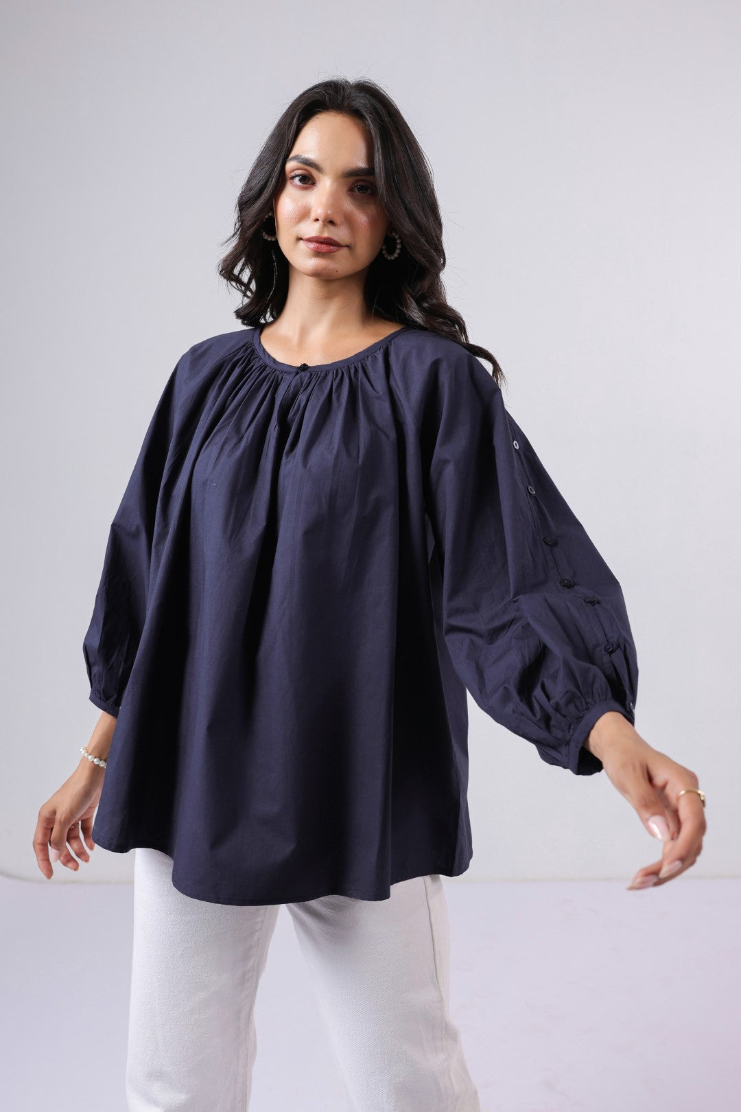 Women’s Navy Cotton Poplin Top