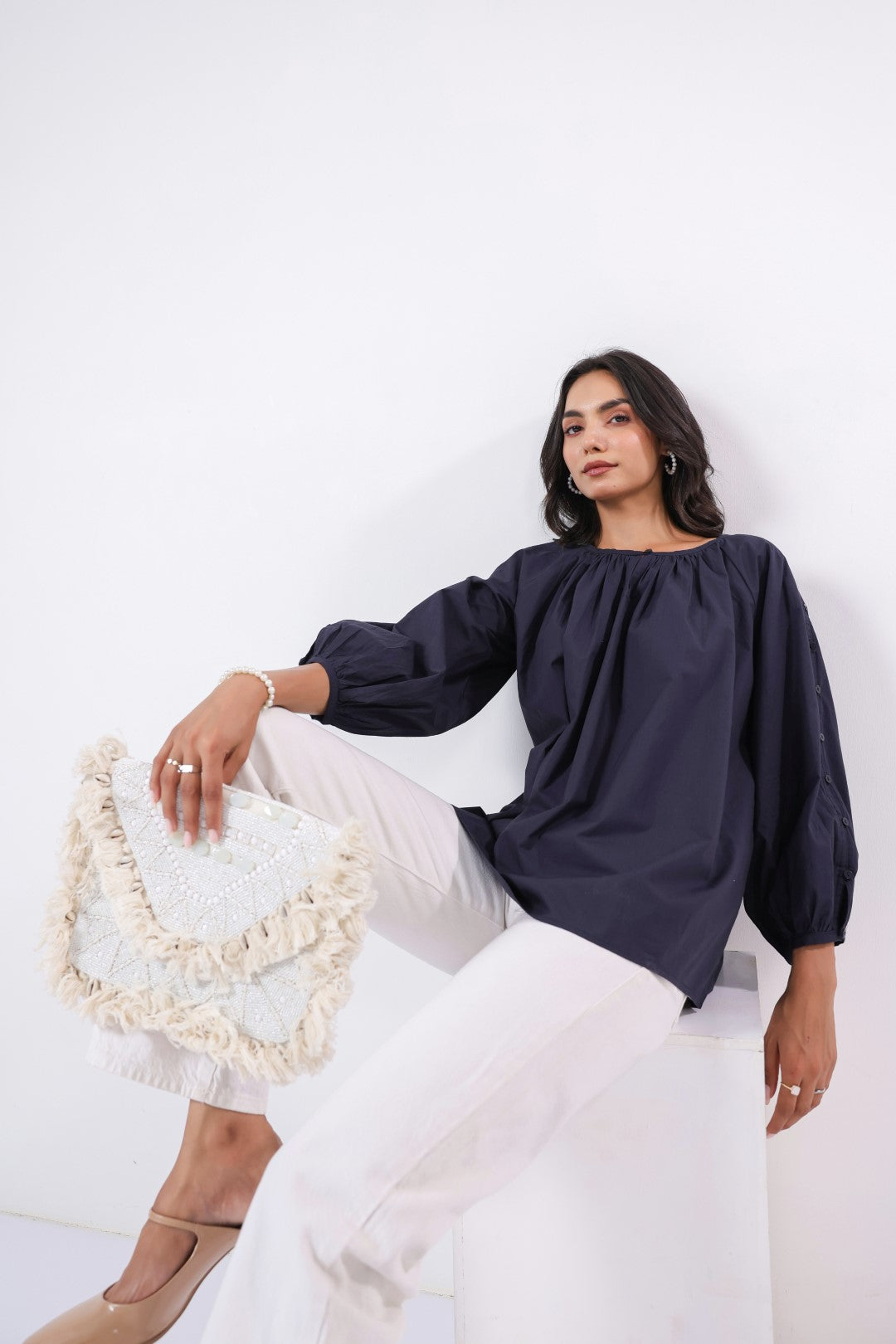 Women’s Navy Cotton Poplin Top