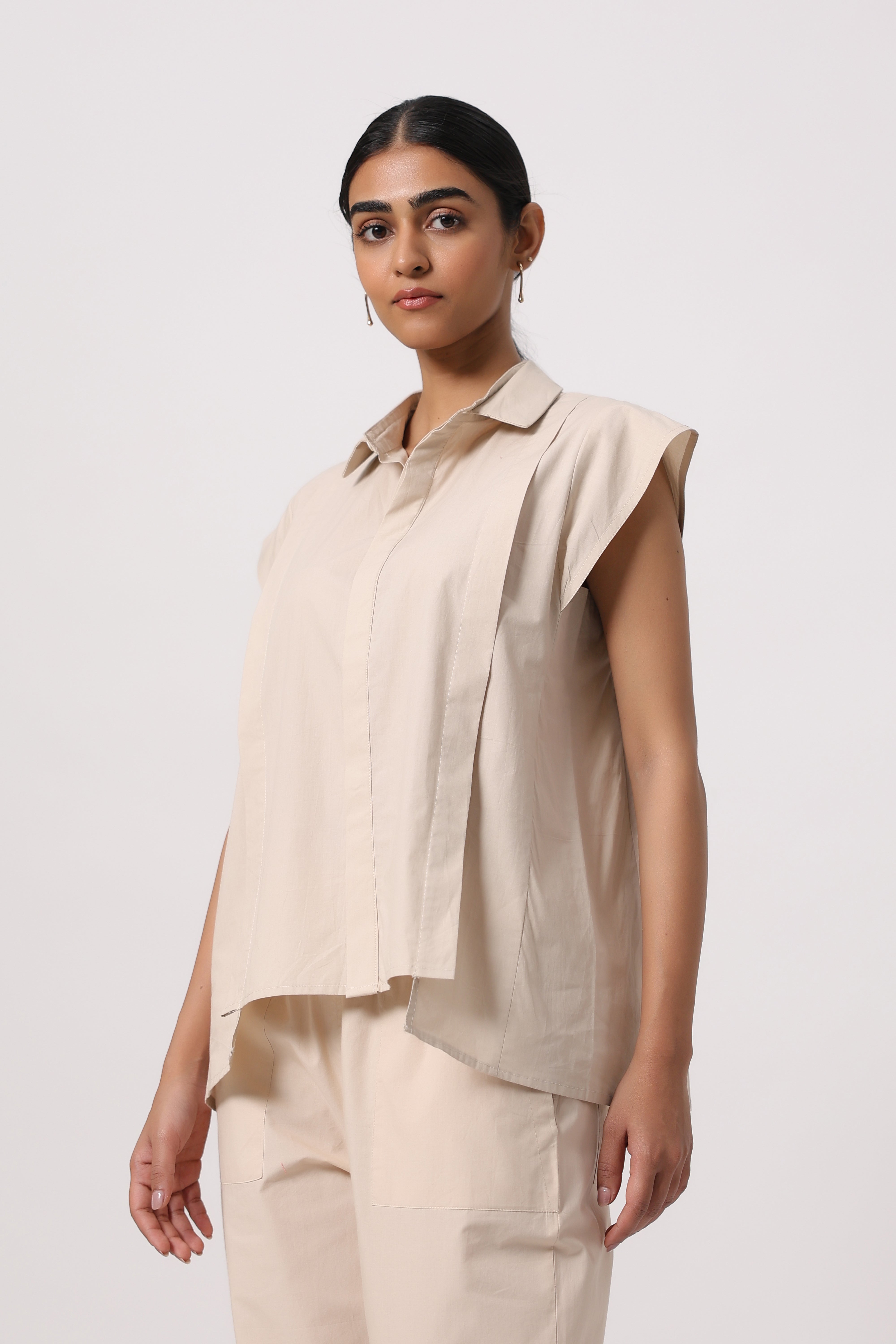 Women’s Beige Cotton Top with Beige Pants Co-Ord Set