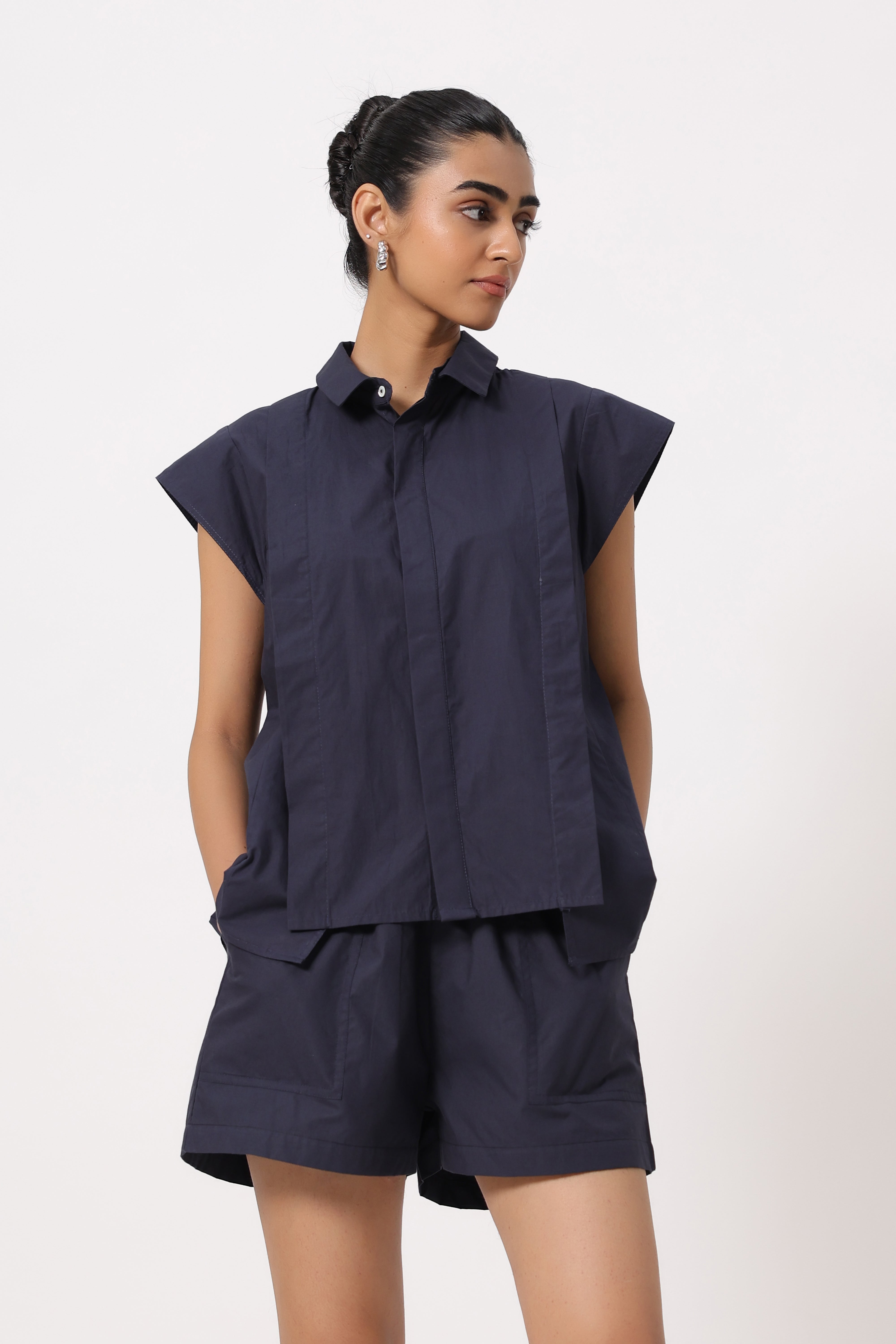 MUUN Women Navy Solid Cotton Short Sleeve Shirt Collar Co-Ord Set