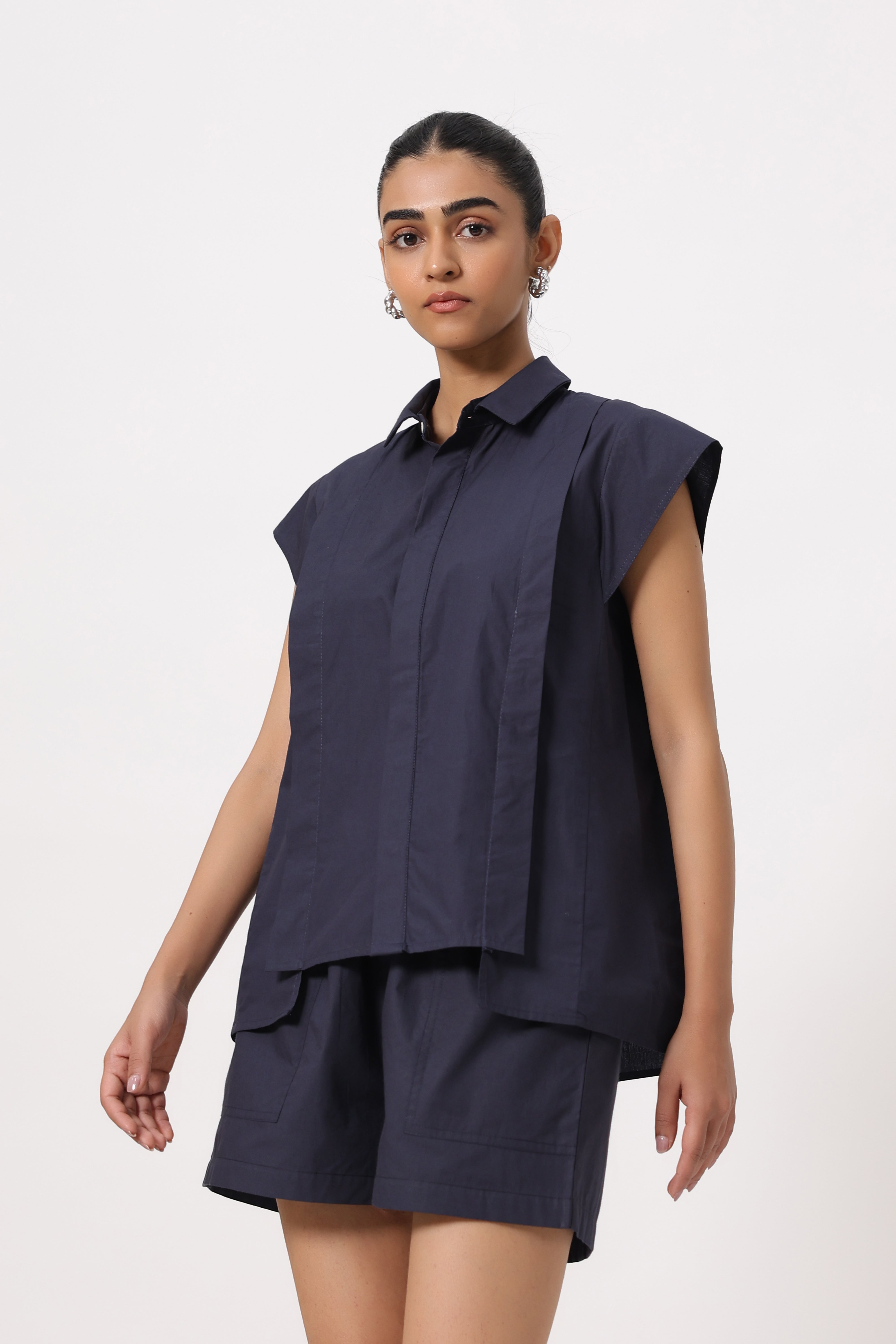 MUUN Women Navy Solid Cotton Short Sleeve Shirt Collar Co-Ord Set