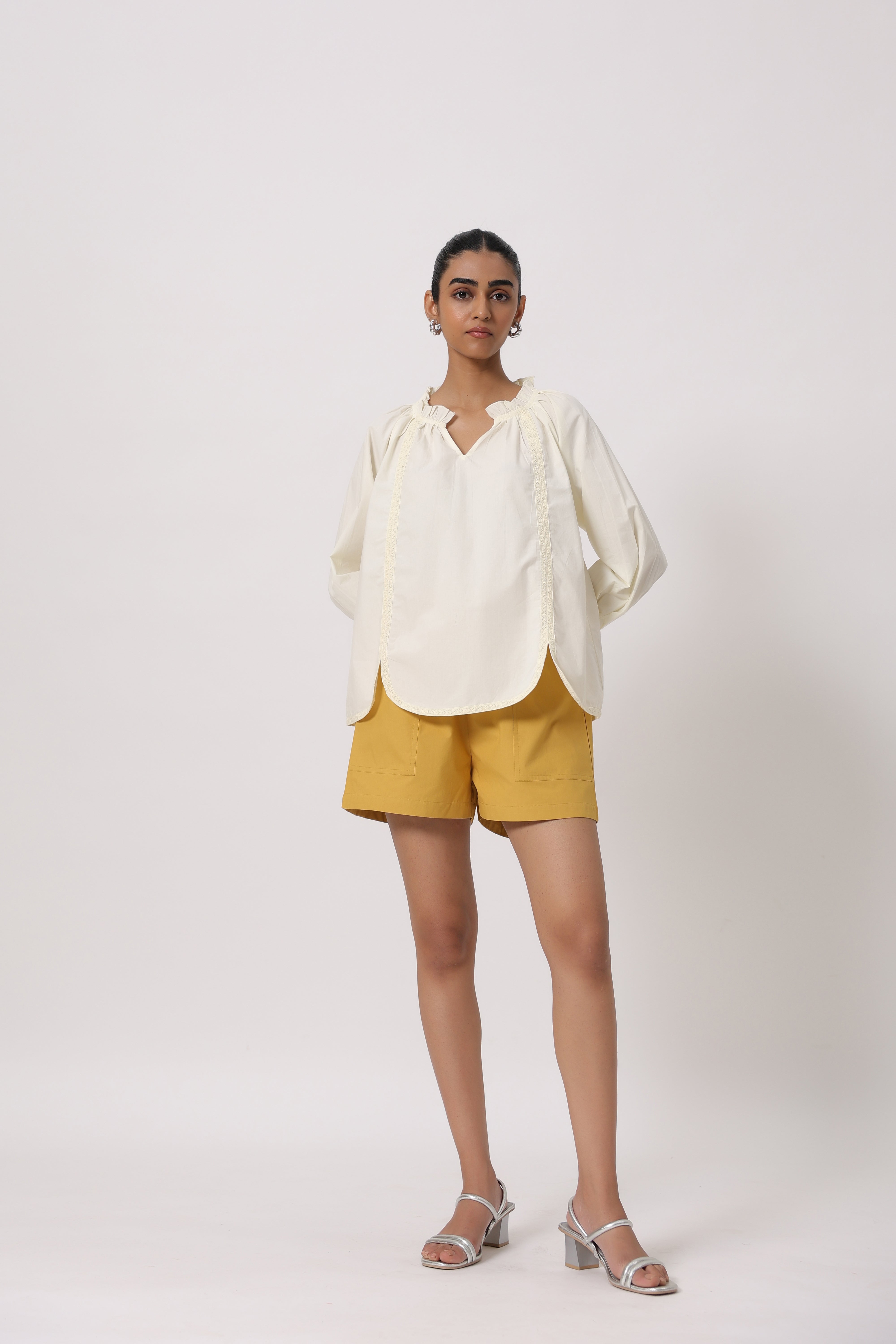 Women’s Off-White Cotton Top with Yellow Shorts Co-Ord Set