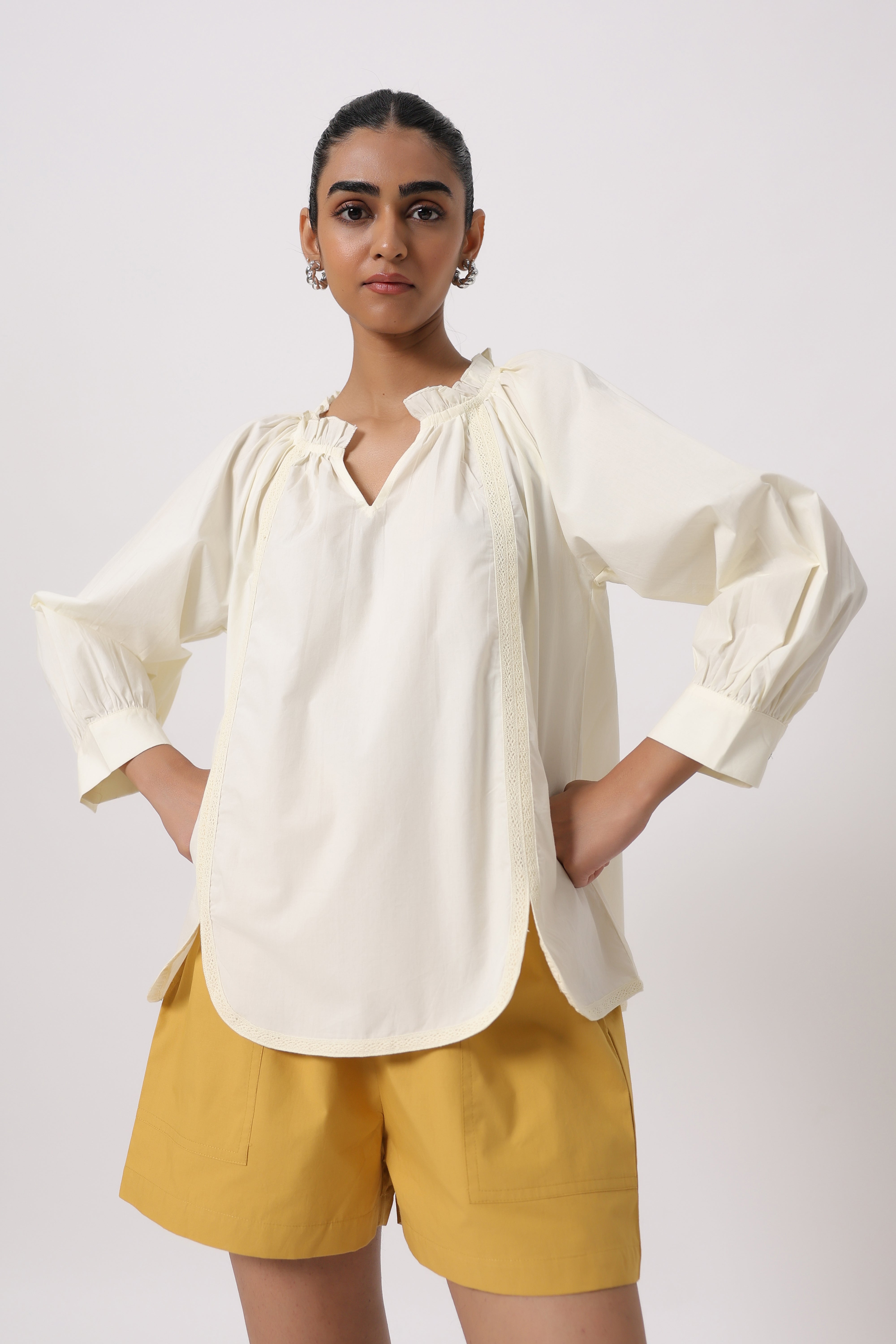 Women’s Off-White Cotton Top with Yellow Shorts Co-Ord Set
