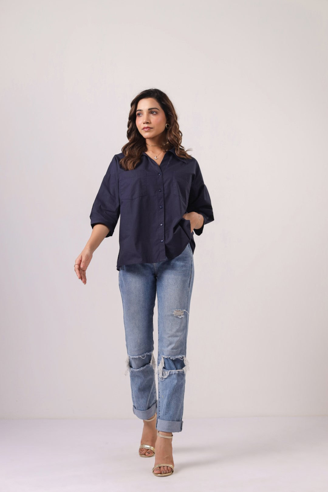 Women’s Navy Cotton Poplin Top