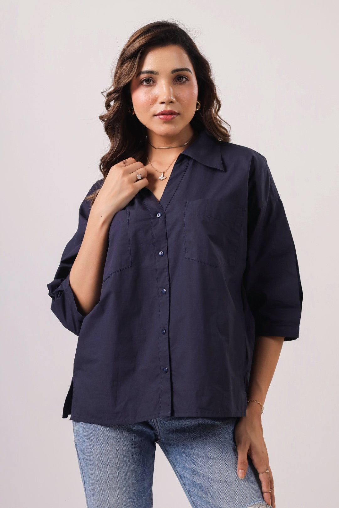 Women’s Navy Cotton Poplin Top