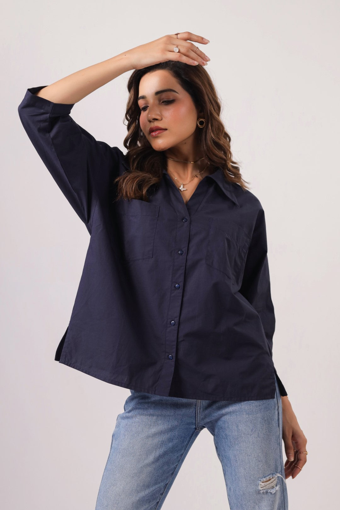 Women’s Navy Cotton Poplin Top