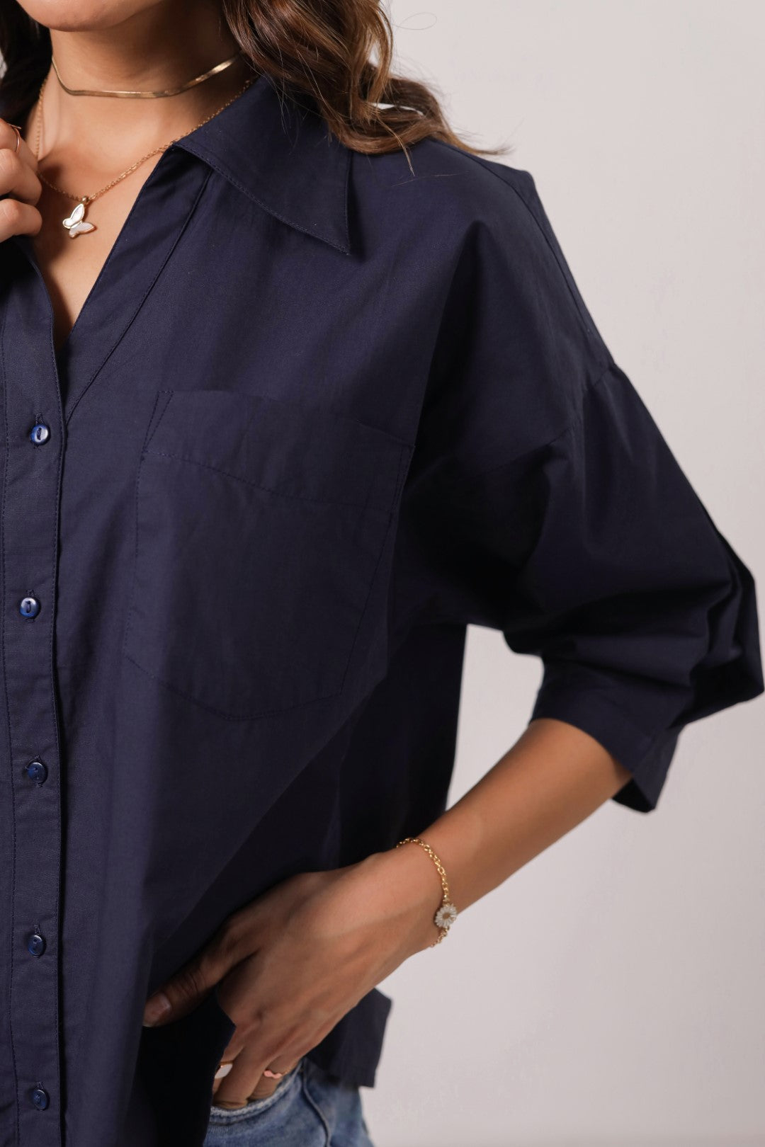 Women’s Navy Cotton Poplin Top