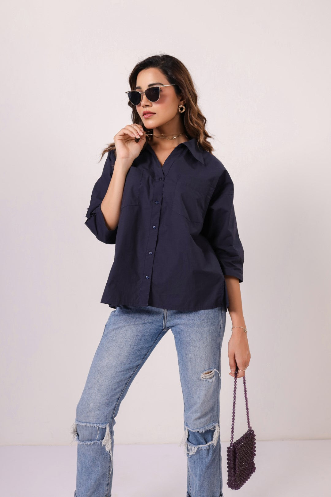 Women’s Navy Cotton Poplin Top