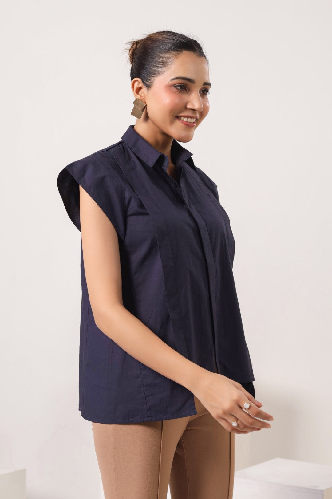 Women’s Navy Cotton Poplin Top
