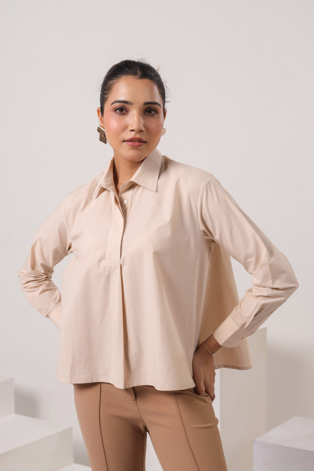 Women’s Beige Cotton Poplin Top