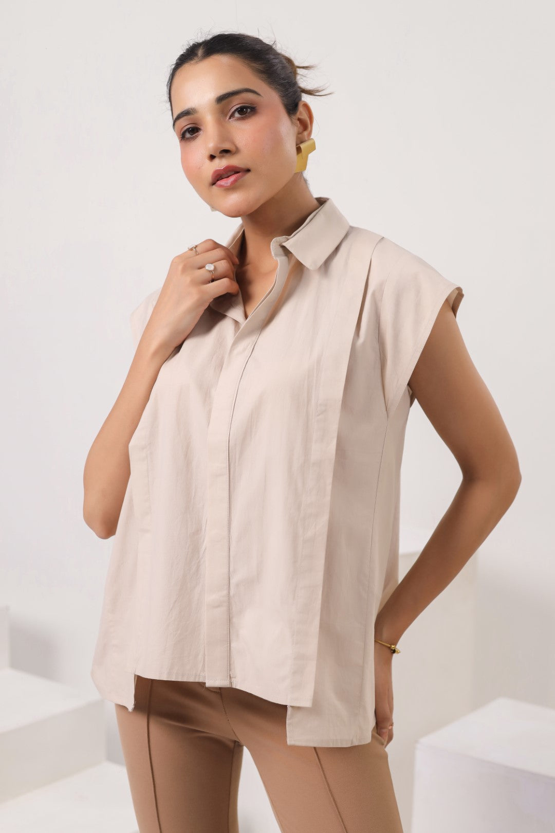 Women’s Beige Cotton Poplin Top