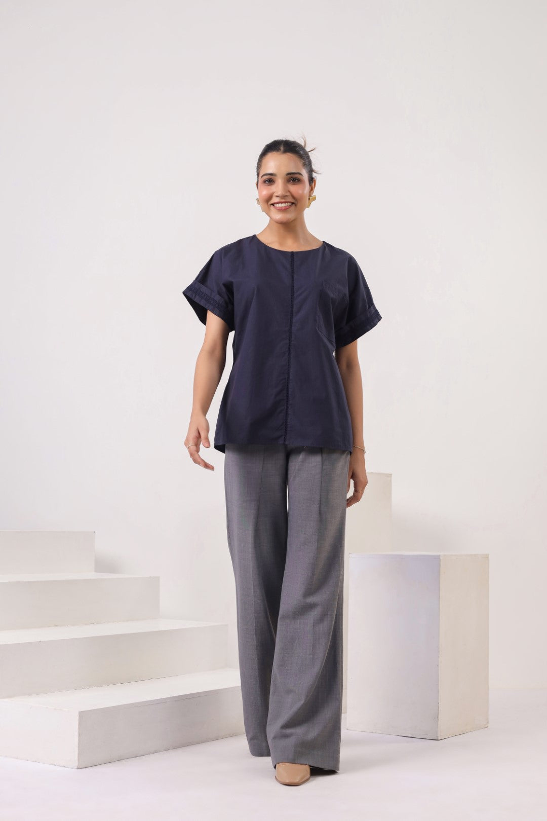 Women’s Navy Cotton Poplin Top