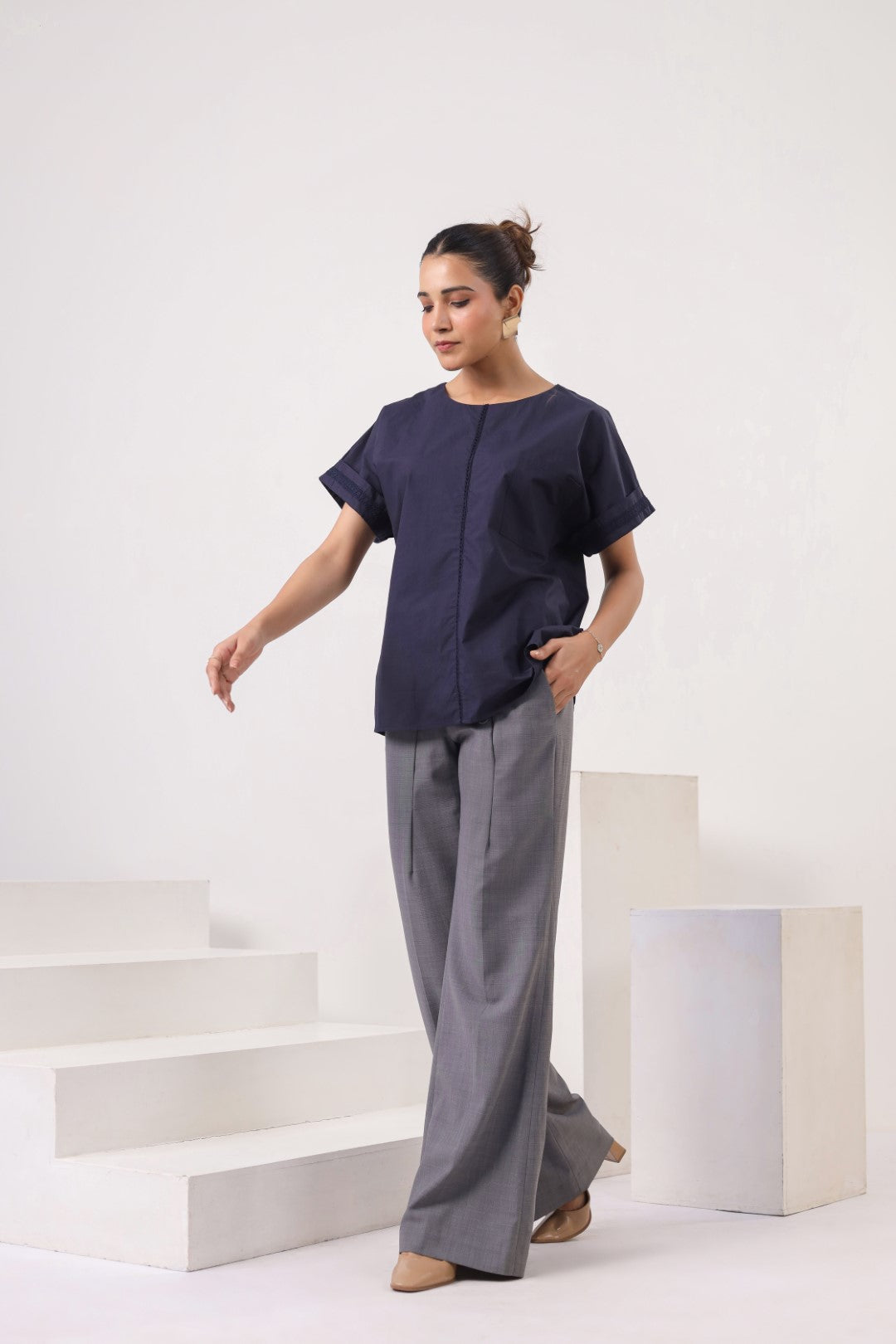 Women’s Navy Cotton Poplin Top