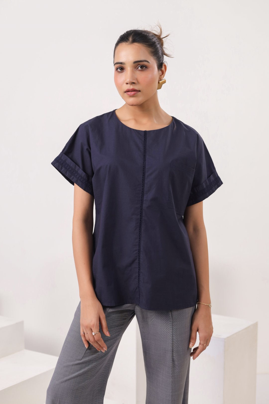 Women’s Navy Cotton Poplin Top