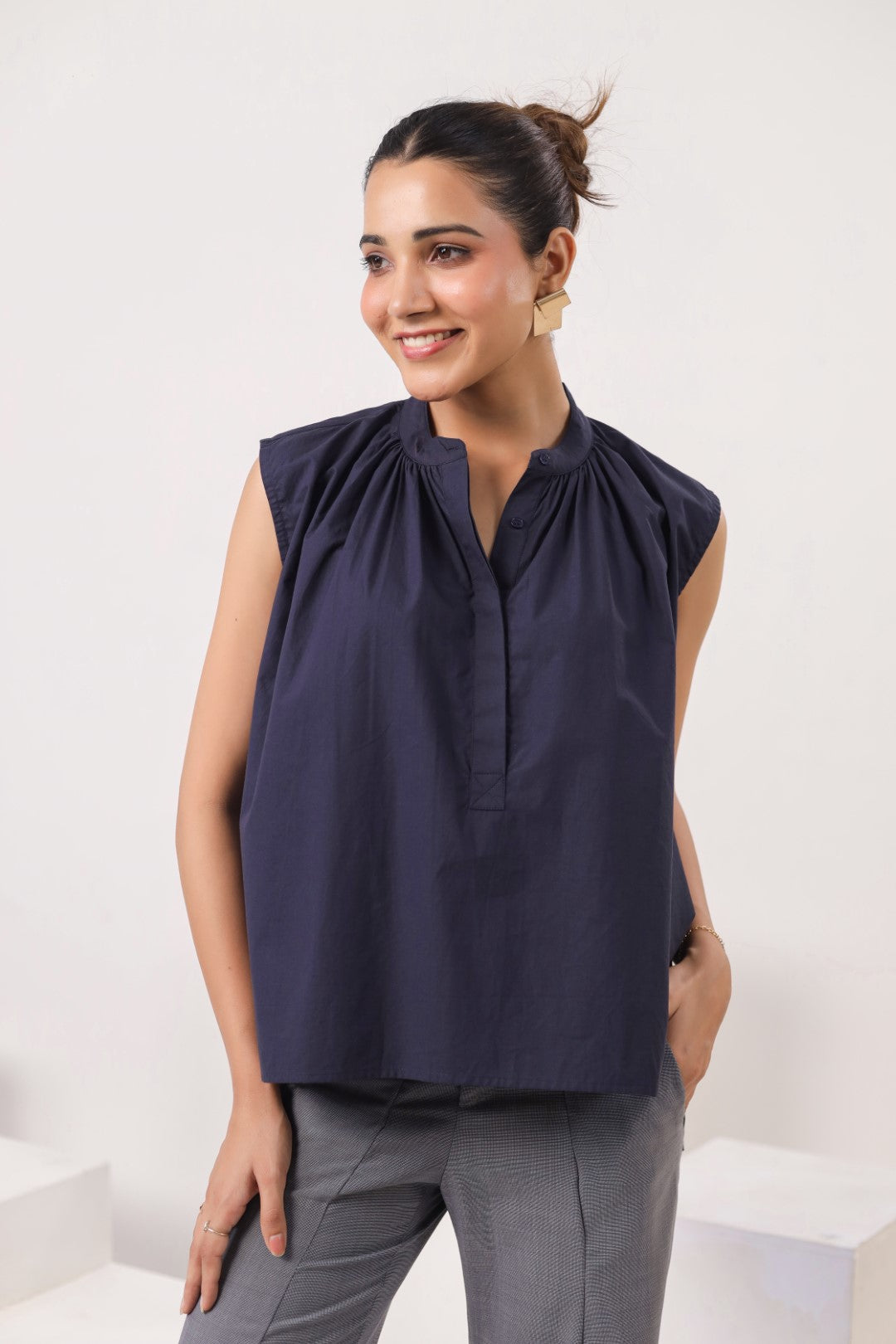 Women's Navy Blue  Cotton Top