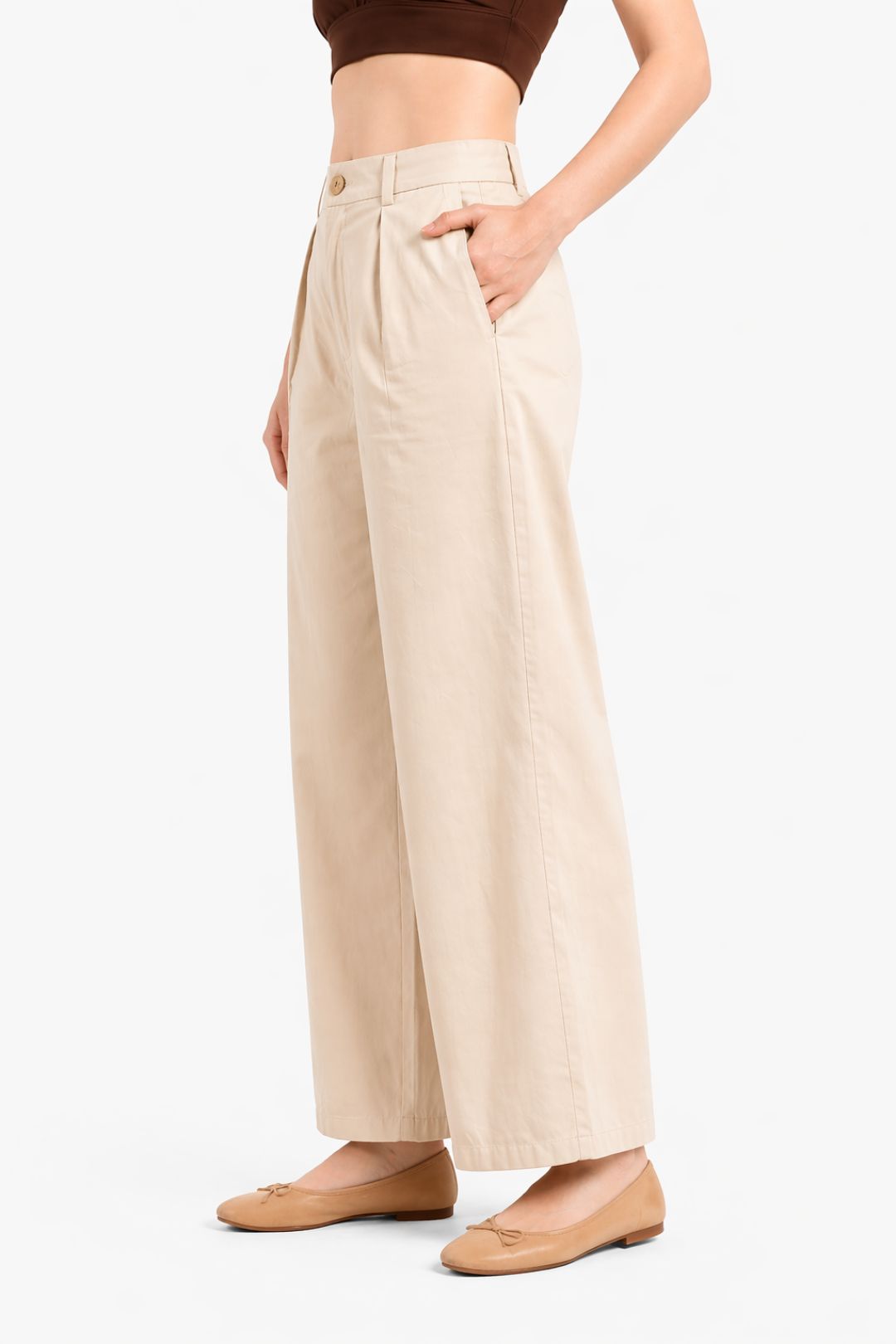 Women Beige Cotton Poplin Wide Leg Trouser | High Waist Straight Fit Pants
