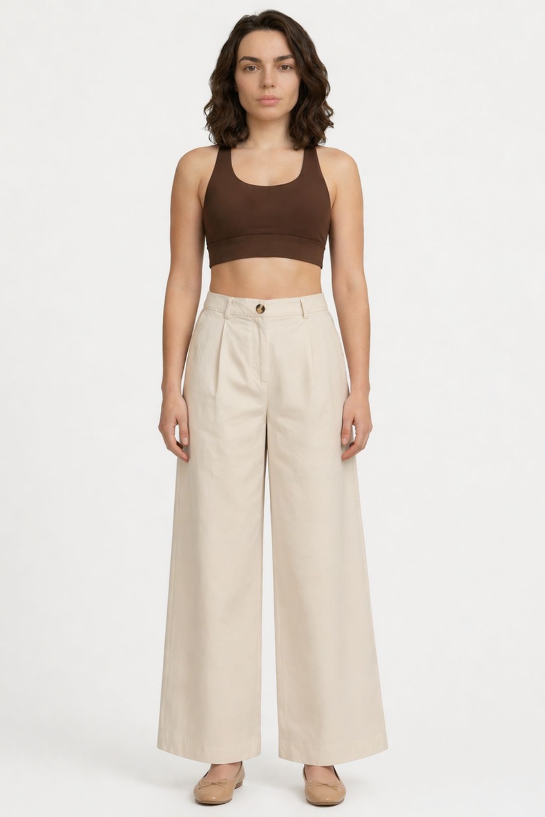 Women Beige Cotton Poplin Wide Leg Trouser | High Waist Straight Fit Pants