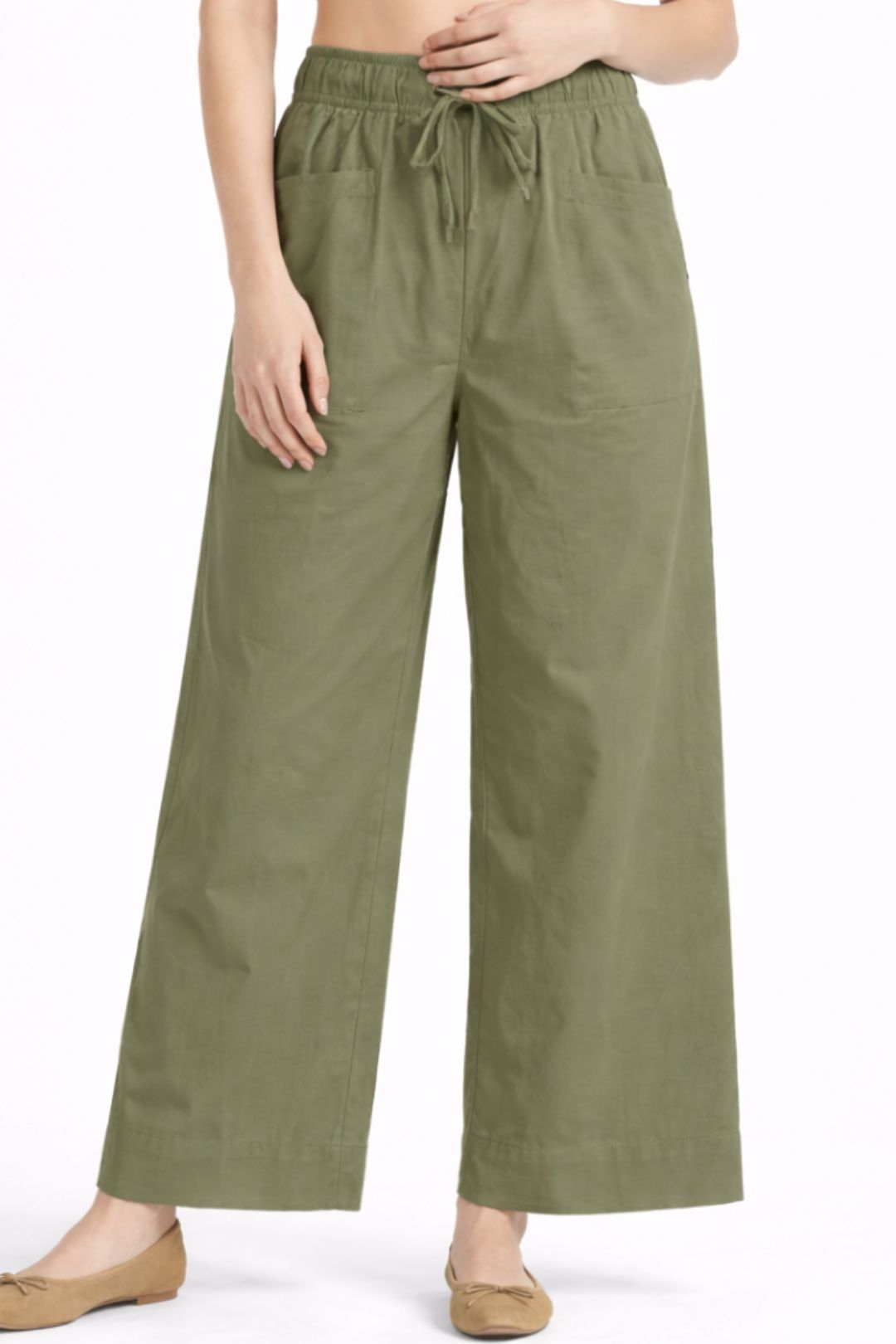 Women Olive Green Cotton Poplin Wide Leg Trouser Elastic Waist Drawstring Pants