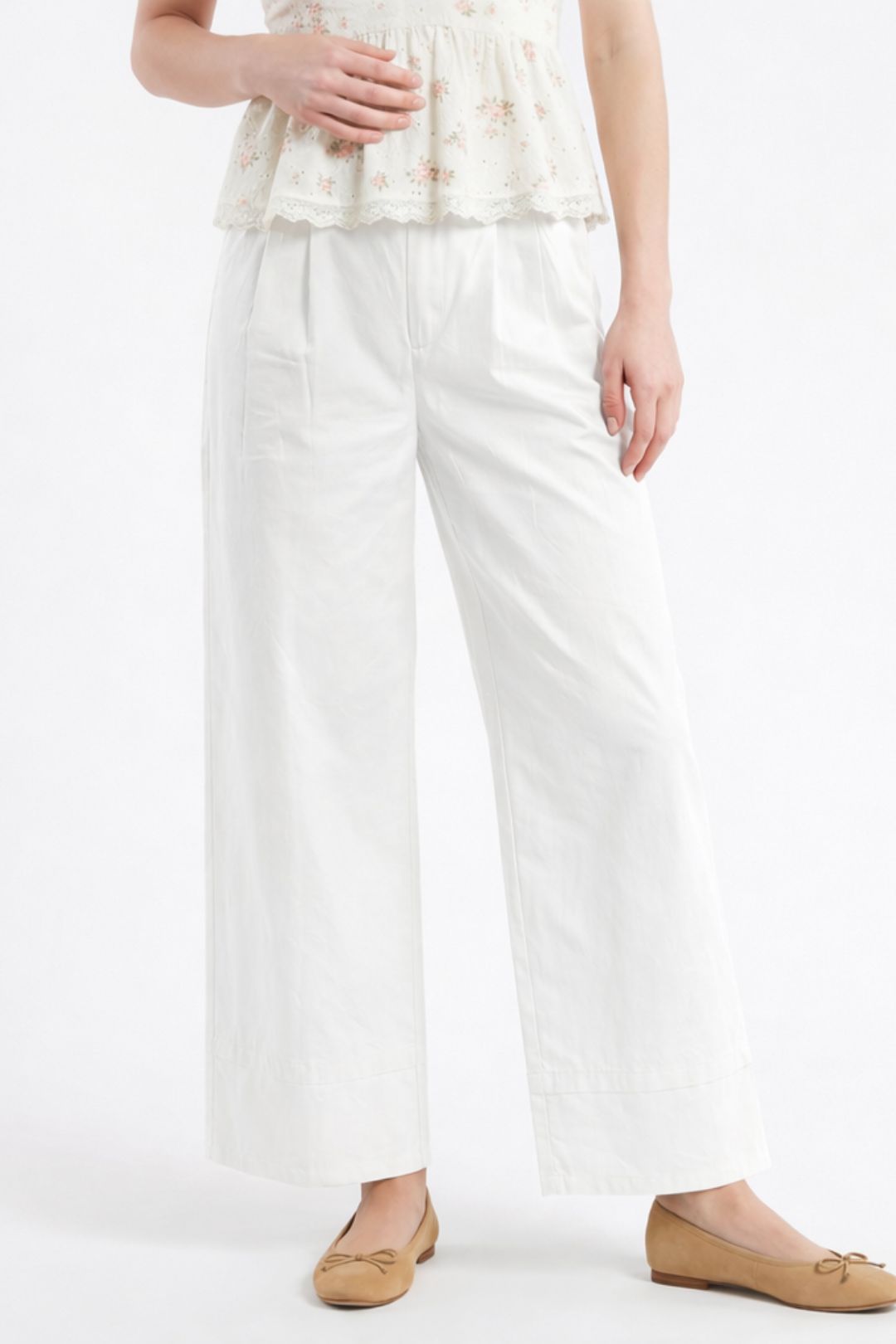 Women White Cotton Poplin Wide Leg Trouser High Waist Straight Fit Pants