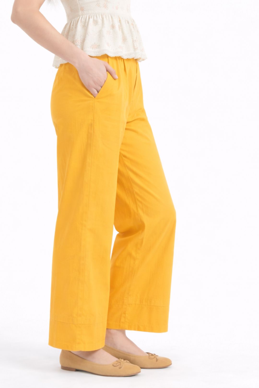 Women Mustard Yellow Cotton Poplin Wide Leg Trouser High Waist Straight Fit Pants