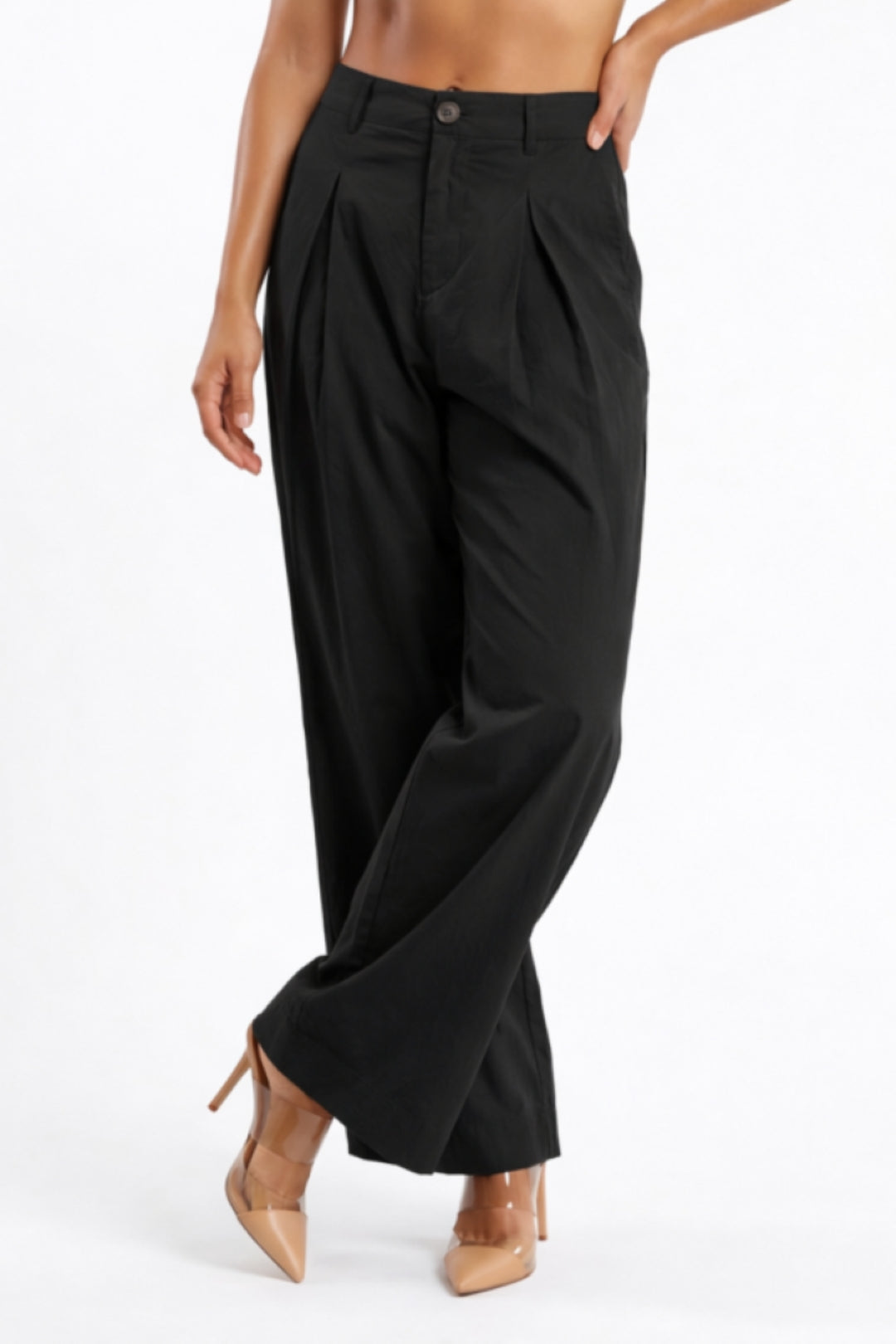 Women Black Cotton Poplin Wide Leg Trouser High Waist Straight Fit Pants