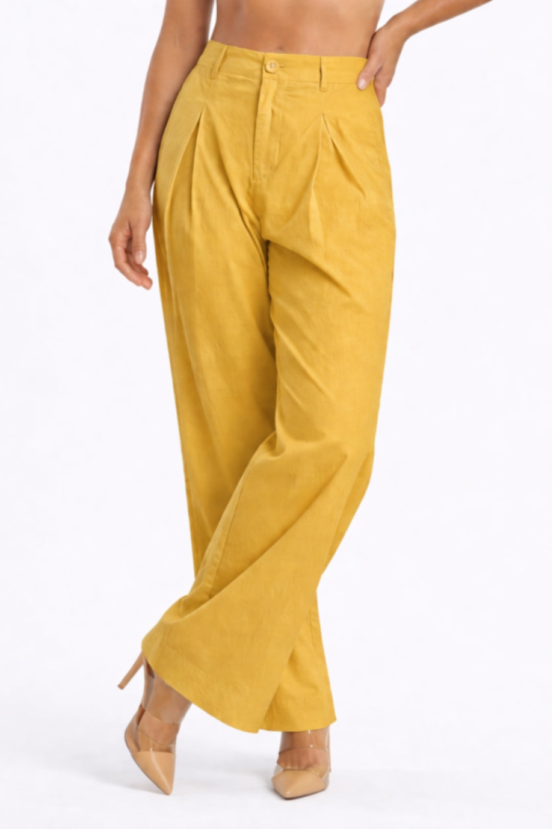 Women Mustard Yellow Cotton Poplin Wide Leg Trouser High Waist Straight Fit Pants