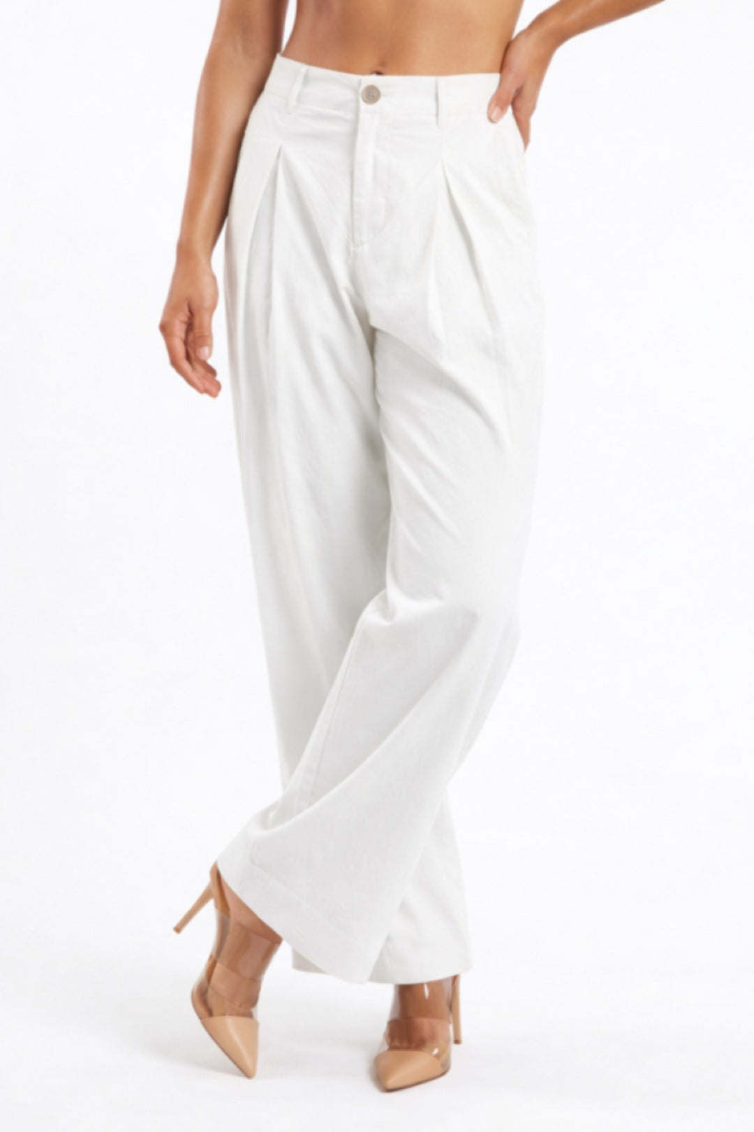 Women White Cotton Poplin Wide Leg Trouser High Waist Straight Fit Pants