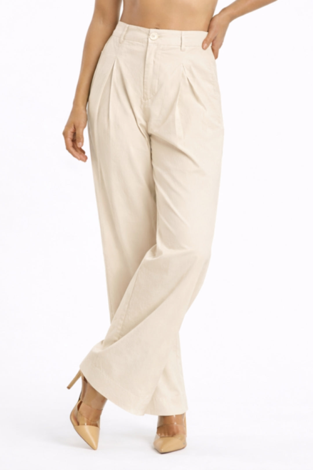 Women Beige Cotton Poplin Wide Leg Trouser High Waist Straight Fit Pants