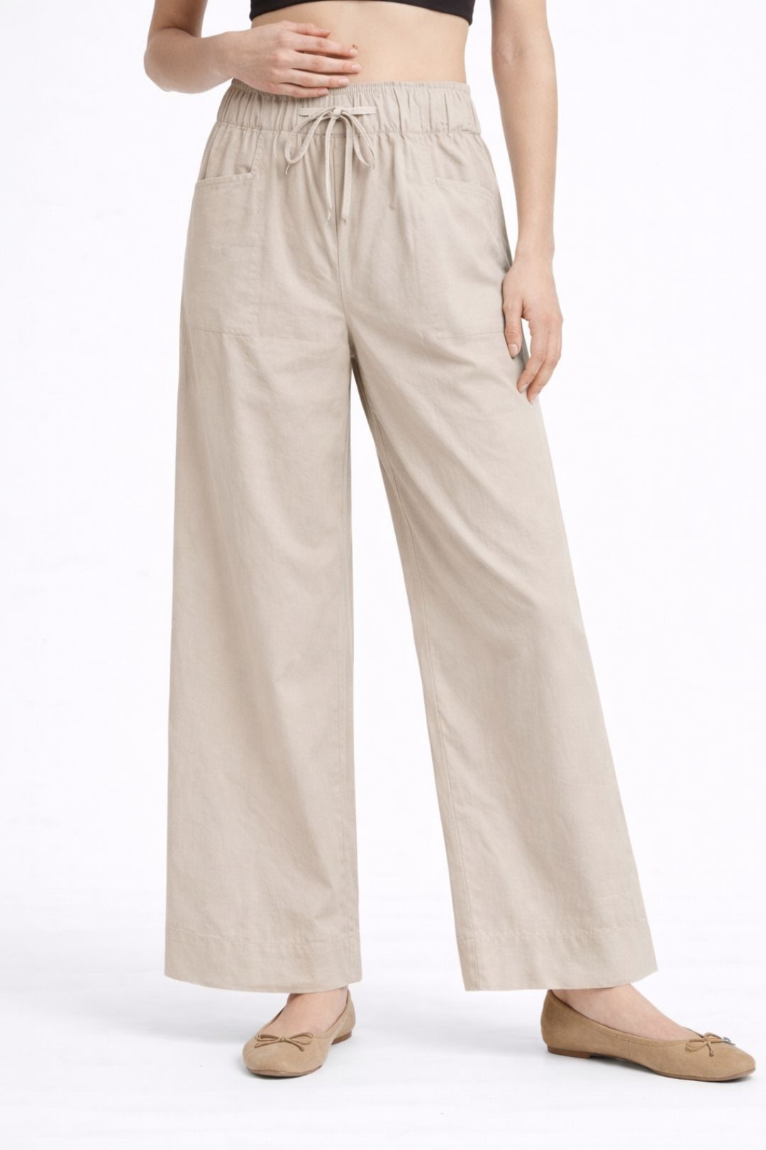Women Light Beige Cotton Poplin Wide Leg Trouser Elastic Waist Drawstring Pants