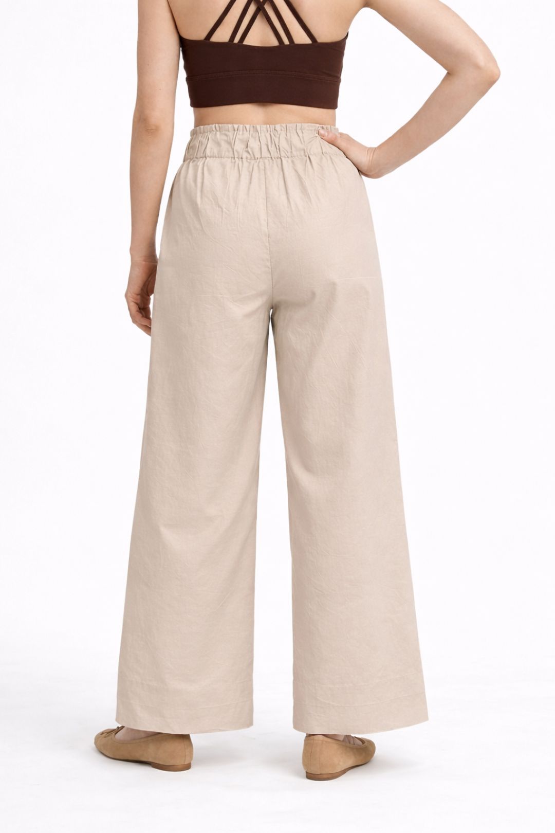Women Light Beige Cotton Poplin Wide Leg Trouser Elastic Waist Drawstring Pants