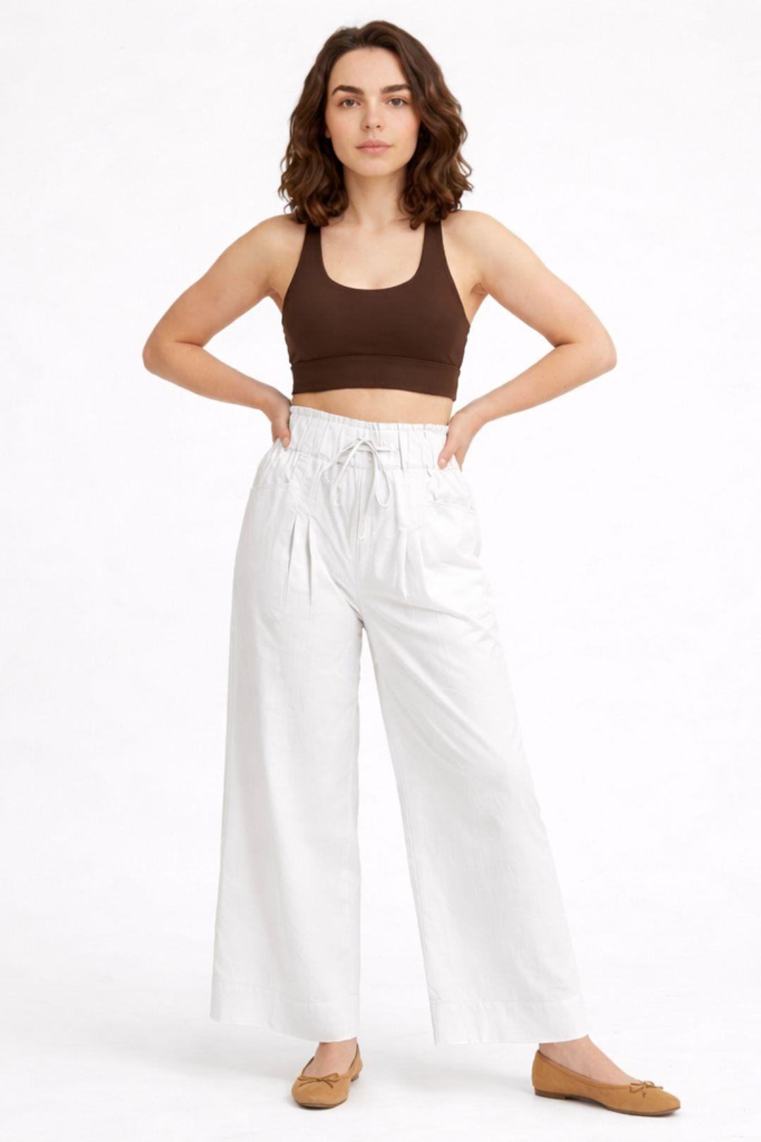 Women White Cotton Poplin Wide Leg Trouser Elastic Waist Drawstring Pants