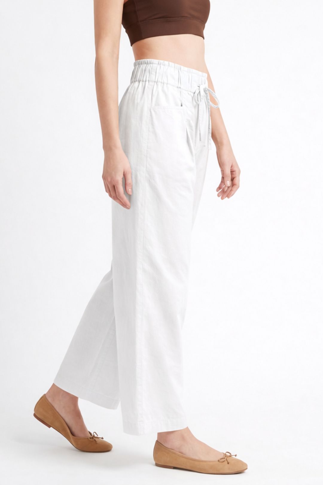 Women White Cotton Poplin Wide Leg Trouser Elastic Waist Drawstring Pants