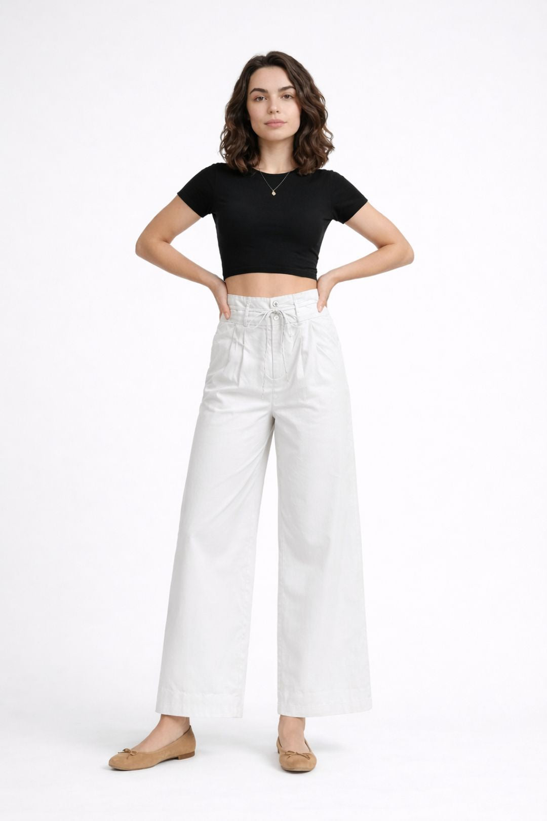 Women White Cotton Poplin Wide Leg Trouser High Waist Drawstring Pants
