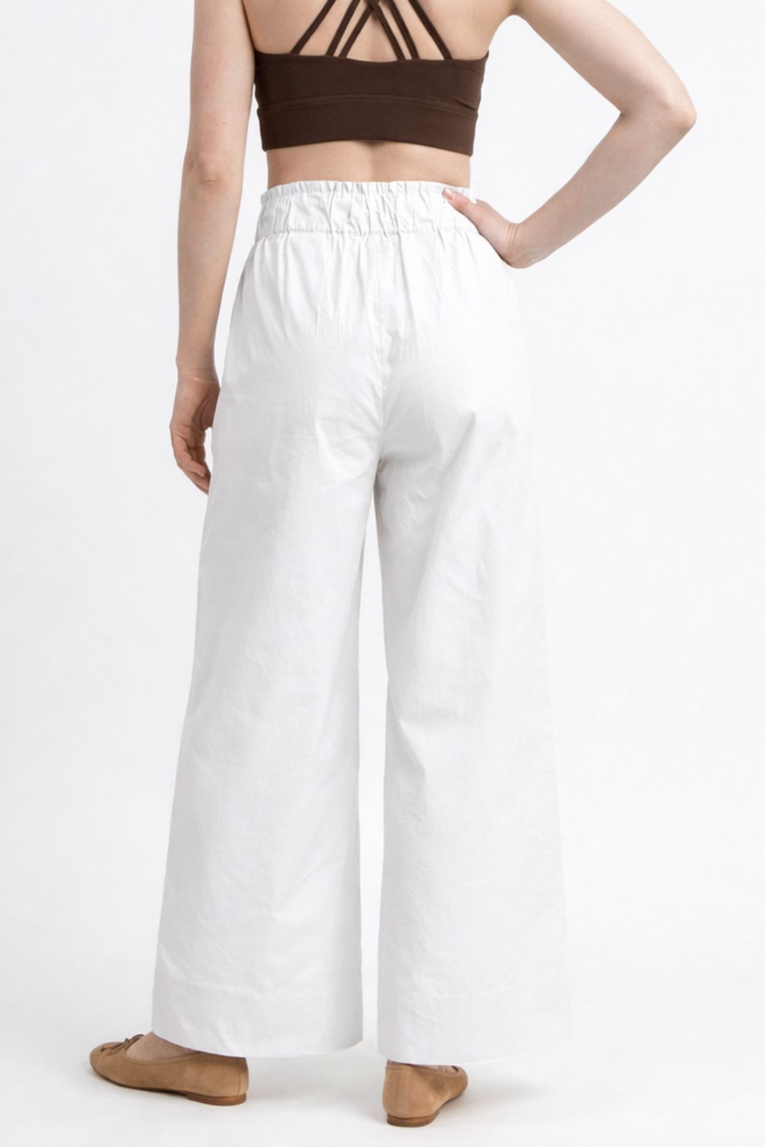 Women White Cotton Poplin Wide Leg Trouser High Waist Drawstring Pants