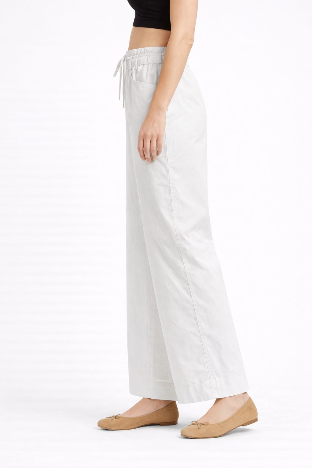 Women White Cotton Poplin Wide Leg Trouser High Waist Drawstring Pants